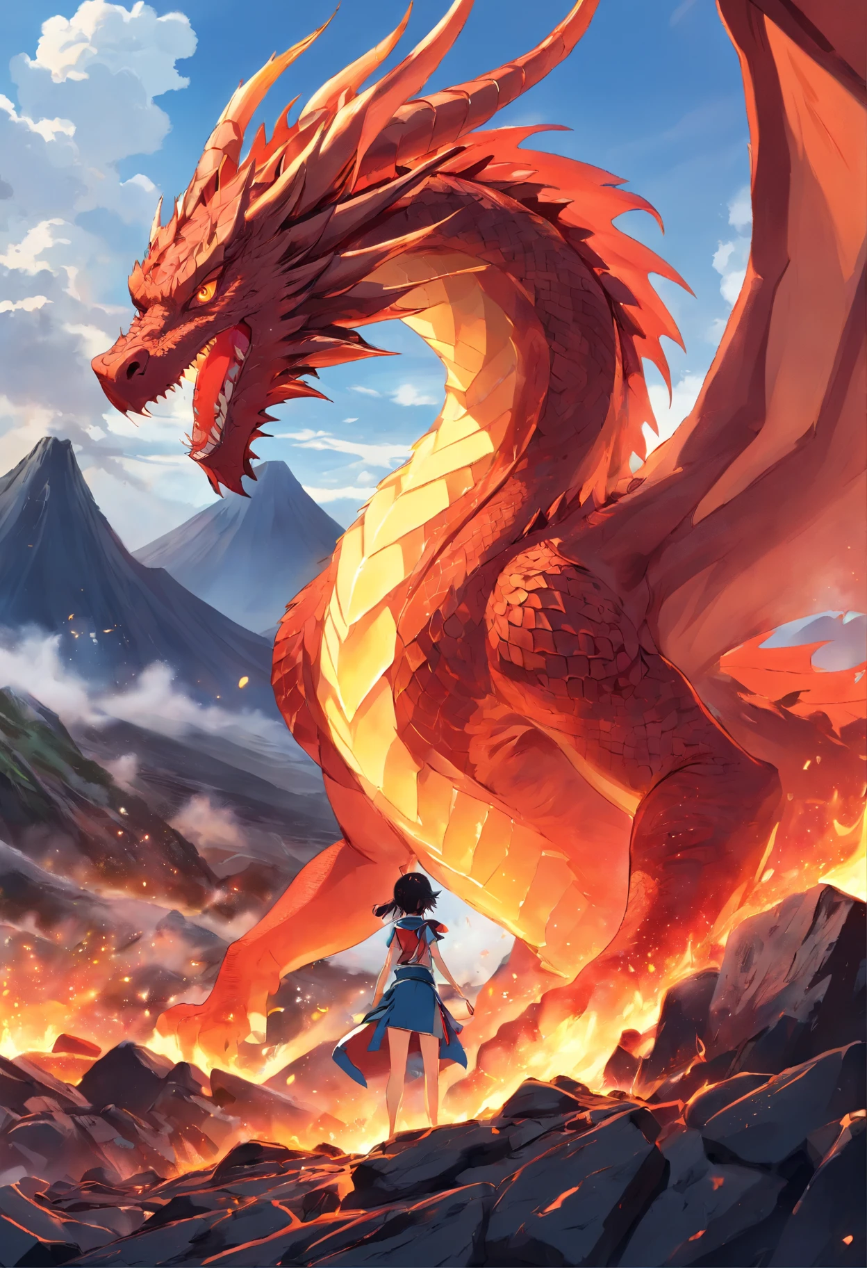 In the heart of a raging volcano, A magnificent vision unfolds. A majestic red dragon emerges from the burning depths, suas escamas cintilam com um calor intenso. The dragon's wings extend wide, projetando uma sombra sobre a lava derretida abaixo. Seus olhos, Brilhando como brasa, They exude a sense of power and wisdom. The intricate details of its scales and the sharpness of its claws are a testament to its strength and beauty. The flames that dance around your body create a mesmerizing display of light and color. This artwork captures the awe-inspiring presence of a red dragon in the middle of a volcanic eruption, uma verdadeira obra-prima que combina os elementos do mito e da natureza.  --ar 1:1--V 5.1