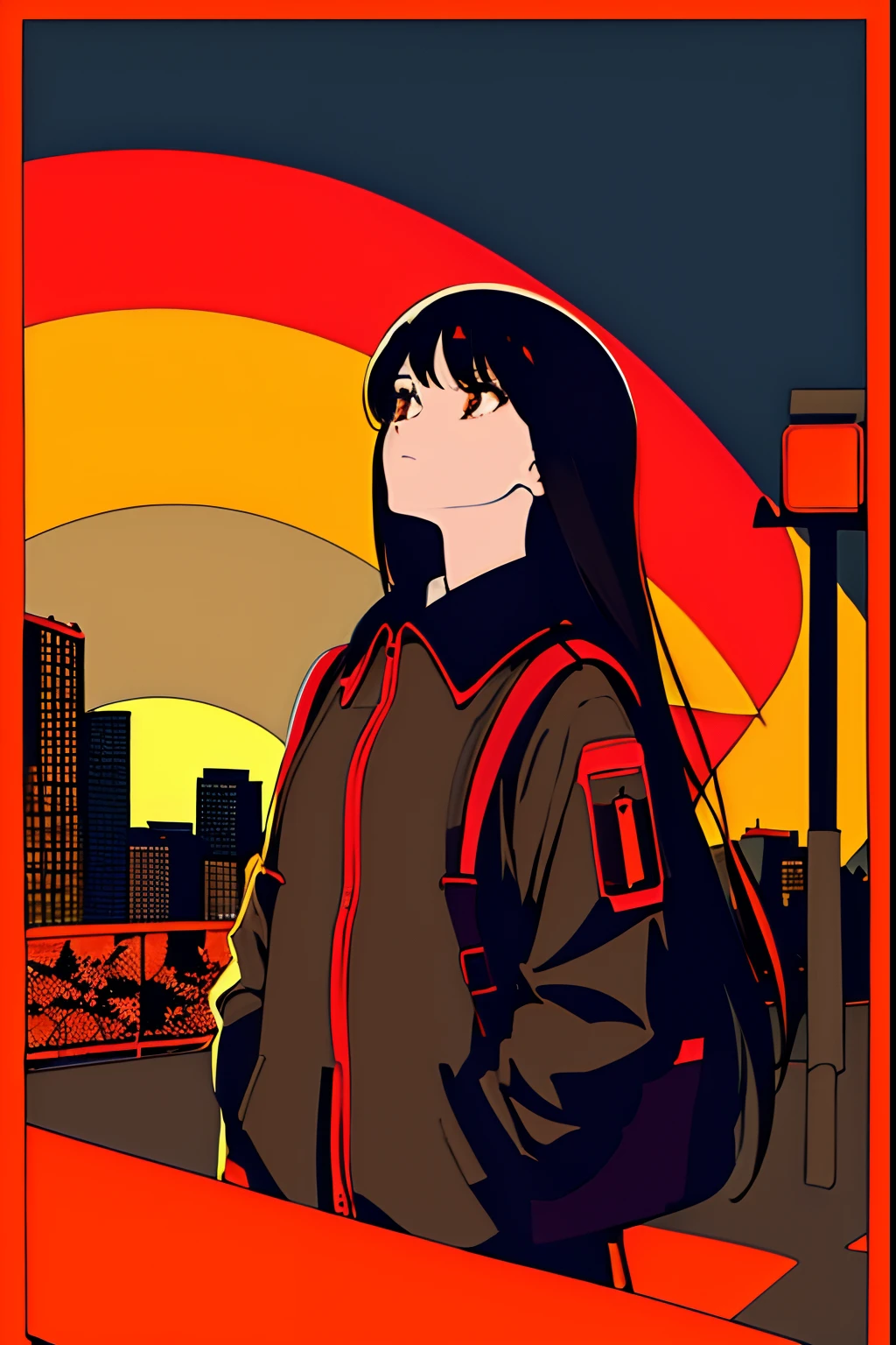 masterpiece, best quality, flat color, limited palette, low contrast, (ligne claire), 1girl, long straight black hair, beautiful detailed face,halo, backpack looking away, standing. smoke, night sky, city, sunset, sky scrapers, bridge, road signs, depth of field, border, black, red, orange, brown, autumn, haze
