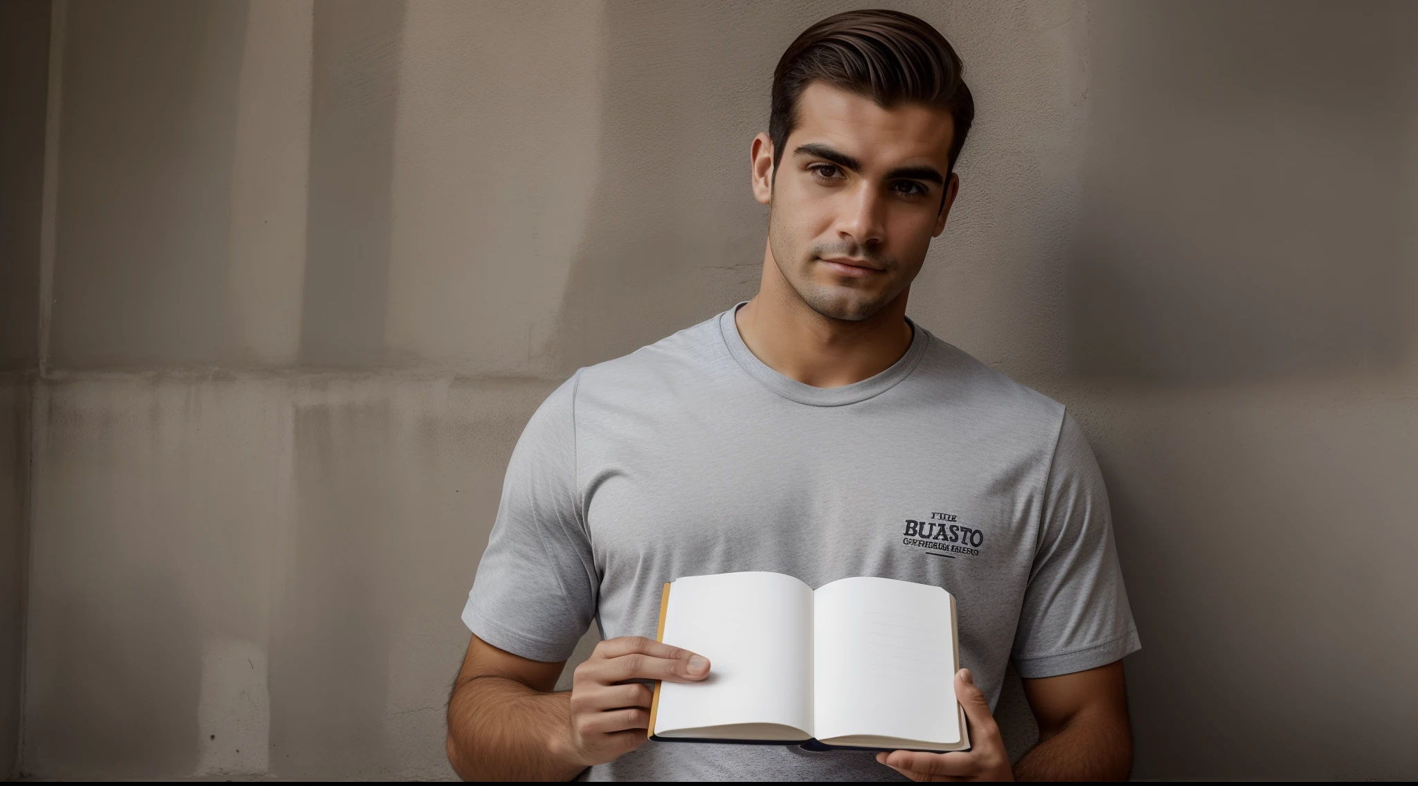 Crie uma cena de retrato de busto de um estudante animado, vestindo uma camiseta de sua universidade. He holds a note book with one hand, while the other hand is raised as if eager to answer a question. Seu rosto irradia entusiasmo pelo aprendizado