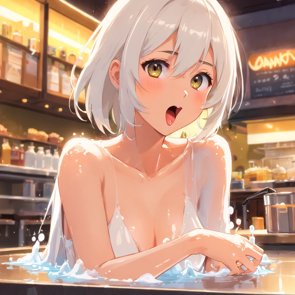 A beautiful woman relaxing in a café, Warm and comfortable atmosphere,,(((,pissing,white liquid all over body、yogurt all over body)))、Expose the collarbone,Be red in the face, drools, and the tongue sticks out,(panty pull, Undressing, from bottom)(Best quality, Masterpiece:1), Detailed, No Man, Furry, anthro,Seductive eyes:1.3), (Tongue out, The look of hunger:1.5), (view the viewer:1.1), (Blushing:1.4),drools, and the tongue sticks out,Open your mouth and suck on the white liquid,teary,