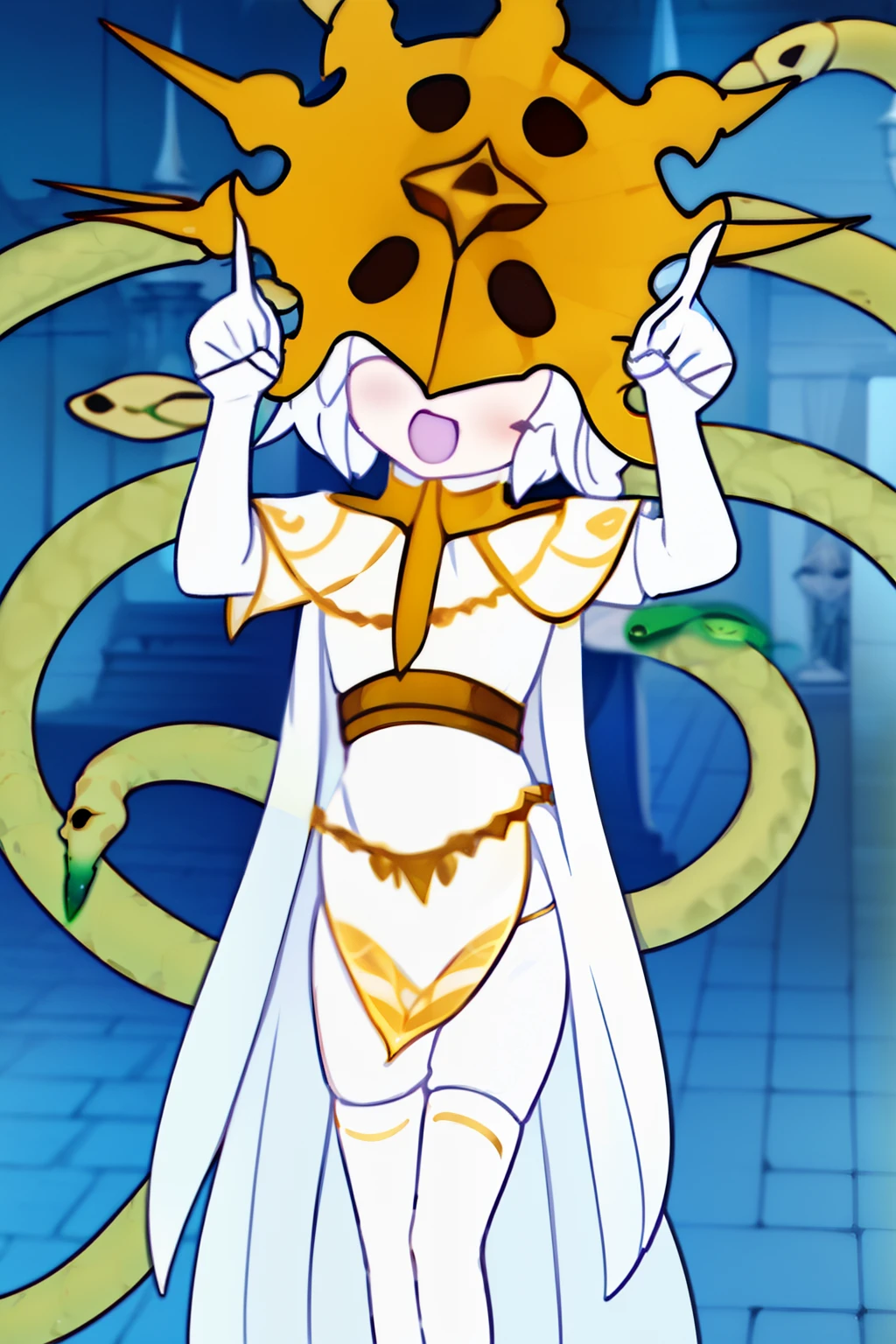 Gywndolin, short white hair, androgynous, 1boy, male, femboy, flat-chested, GwyRob, white thighhighs, ((golden sun mask)), covered eyes, gold jewelry, white elbow gloves, long white dress, green snakes, white veil, ((snakes under white dress)), perfect anatomy, solo, internet yamero, open mouth, finger raised, ^ ^, closed eyes, simple background