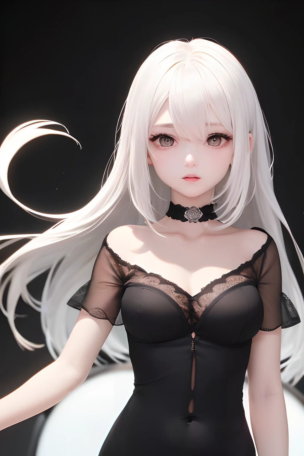 (Black background)(drum)(a very delicate and beautiful)、a very delicate and beautiful)、(White hair)(Black mesh))(Black shirt)、dynamic ungle、portlate)、(smooth hair)、(Big eyes)beautiful countenance、de pele branca、depth of fields、radiant lips、