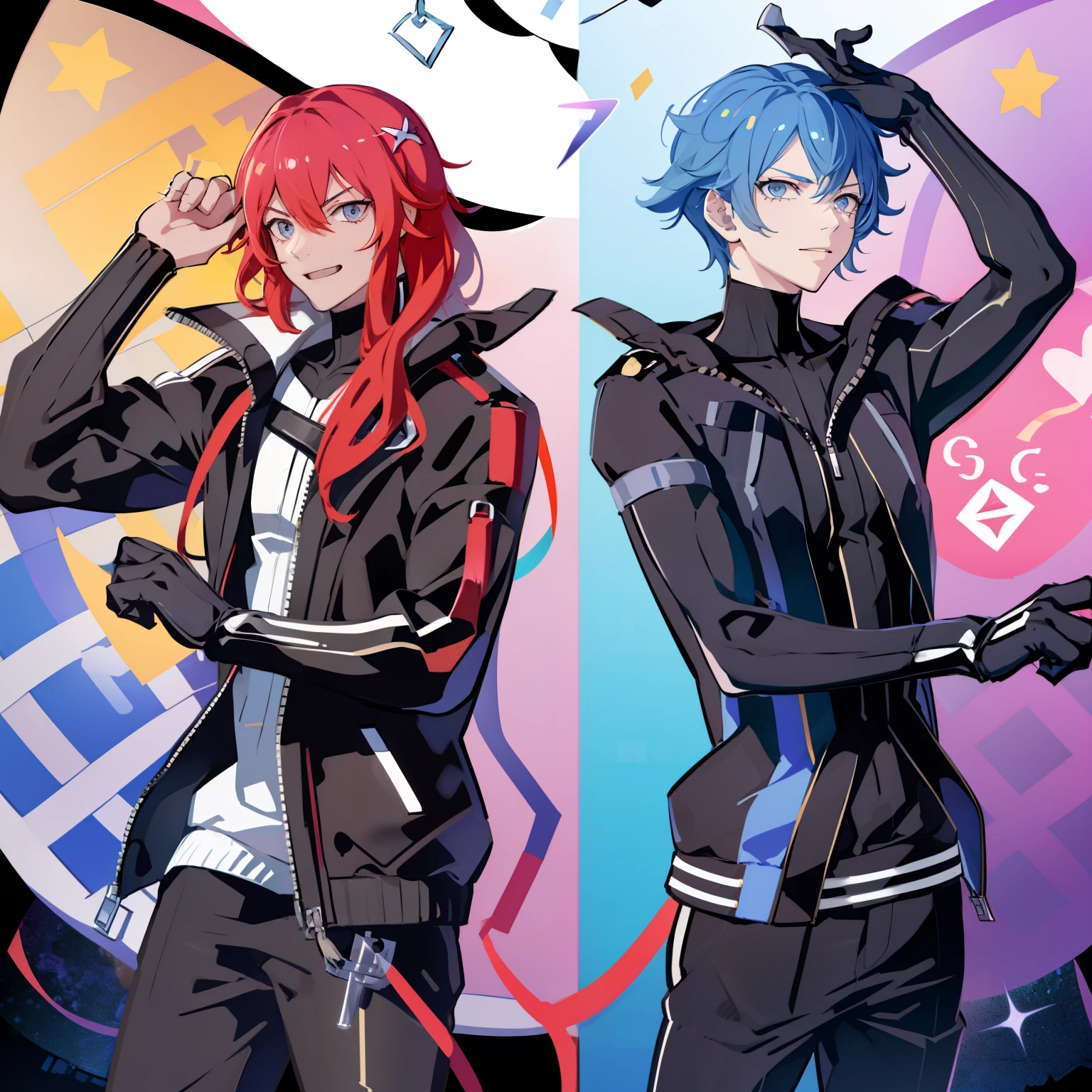 Evil twin Kisikilnas as a boy, Long pink hair, devious smile ,kisikilevil,  Evil twin Lila as a boy, long Blue hair, ((2boy s)), high quality, masterpiece, high Aesthetic , lillaevil, Phantom thieves , partners, dynamic poses