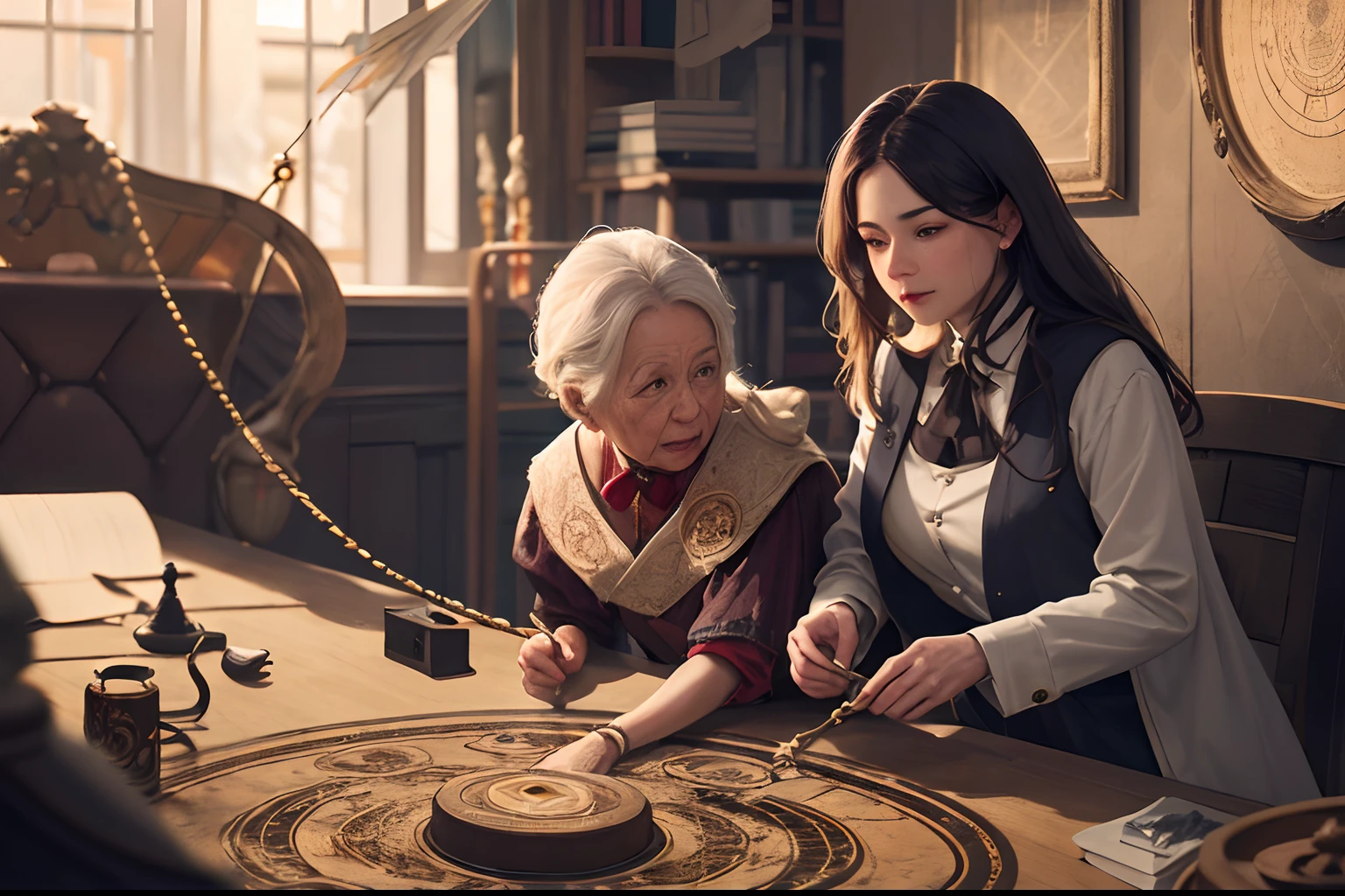 best quality, ultra-detailed, (photorealistic), a master is old woman, beside a apprentice is young woman, magic training, different space, magic circle, an extremely delicate, depth of field, film grain, professional lighting,
