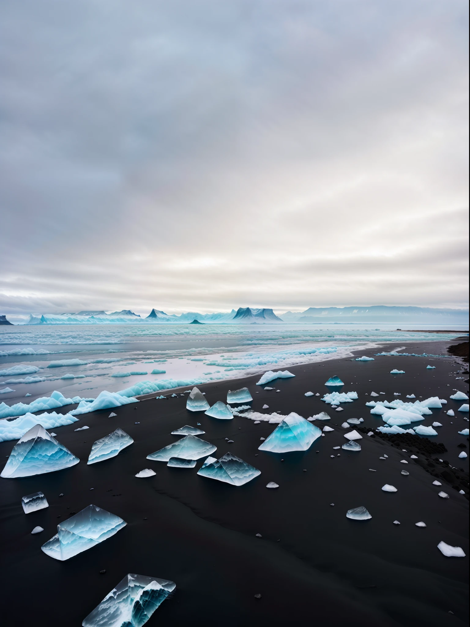 Alafid icebergs on black sand beaches，mostly cloudy sky, icy mountains in the background, iceland photography, ice and glaciers, Frozen sea, icy glaciers, icy mountains in the background, ice mountains afar, glaciers and ice and snow, Ice cubes around, iceland, icy, Icebergs, icy landscape, ice shards, Sparkling ice