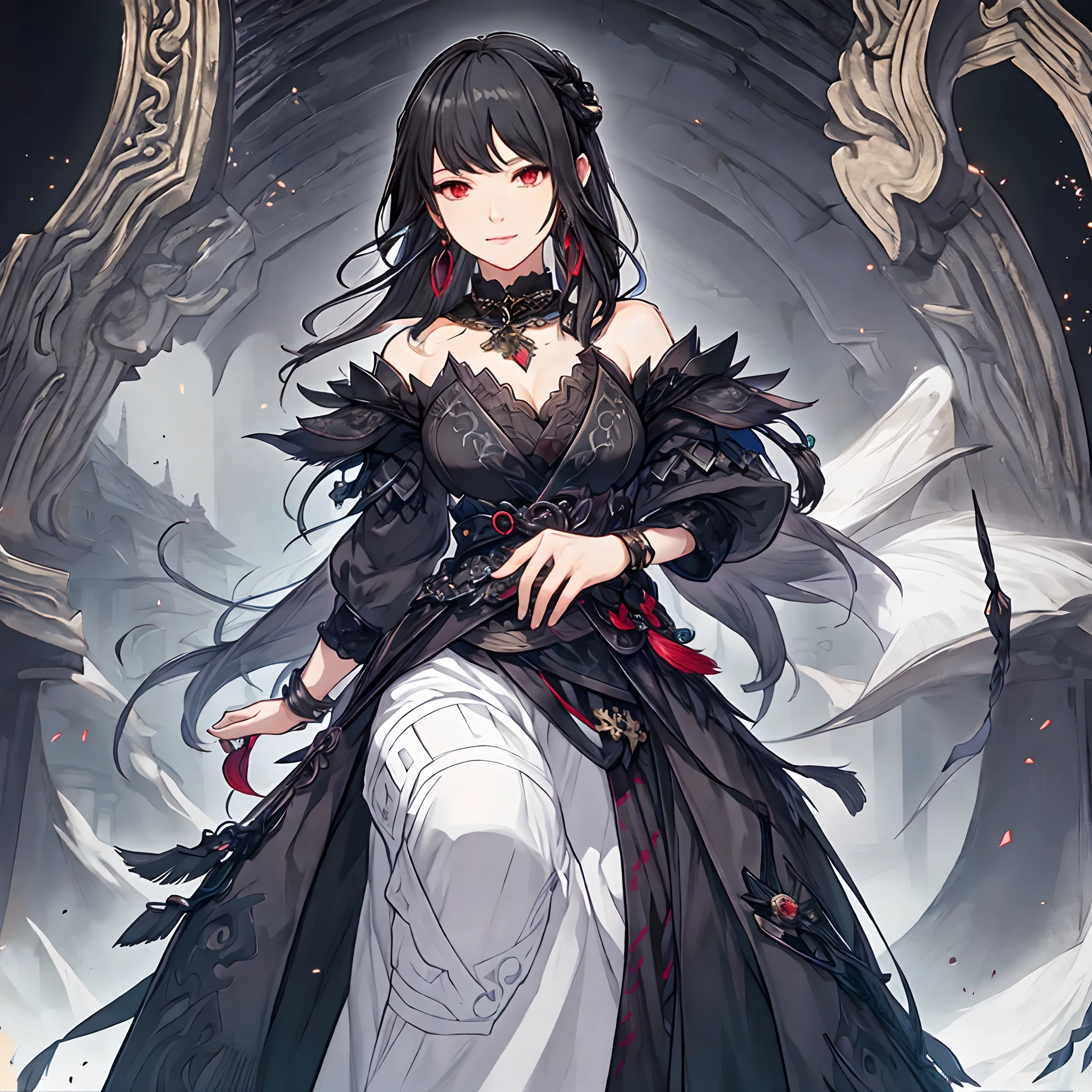 masterpiece, best quality, 1woman adult, older milf, female focus, solo, black hair, vibrant red eyes, long hair with fringe, looking at viewer, closed mouth, bangs, Fantasy aesthetics, fantasy earring, Highly detailed, shadowverse style, black attire, sorceress, black rune background