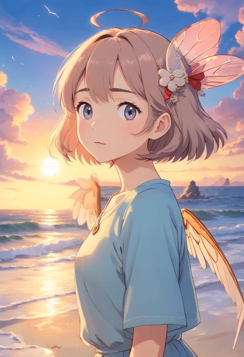 (best quality,4k,8k,highres,masterpiece:1.2),ultra-detailed,realistic, cute anime girl, on beach, sea background, sunset, soft pastel color, beautiful detailed eyes, beautiful detailed lips, fairy wings, long eyelashes, sandy beach, gentle waves, seashells, floating clouds, vibrant colors, warm sunlight