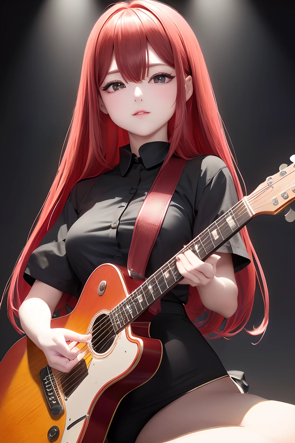 （Black background）(a very delicate and beautiful）、a very delicate and beautiful)、（Red hair）（Black mesh）（frontage）(white  shirt)、dynamic ungle、portlate)、(smooth hair)、（Big eyes）beautiful countenance、de pele branca、depth of fields、radiant lips、（Playing the guitar）