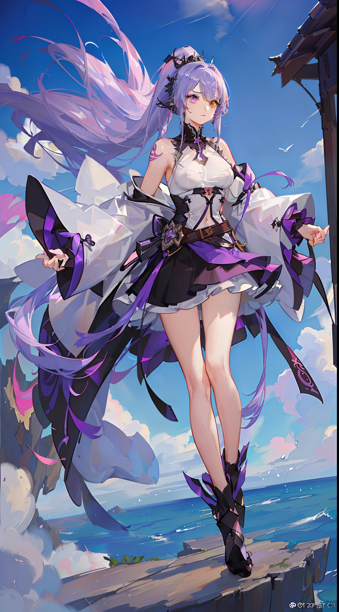 adult girl, long purple hair, Part of the hair is gathered in a high ponytail, Heterochromia, The left eye is purple, Red right eye, big breastes, The Monkey King's Armor, open torso, lots of tattoos, clouds beneath your feet, Masterpiece, hiquality, 4k, HD, Good detail