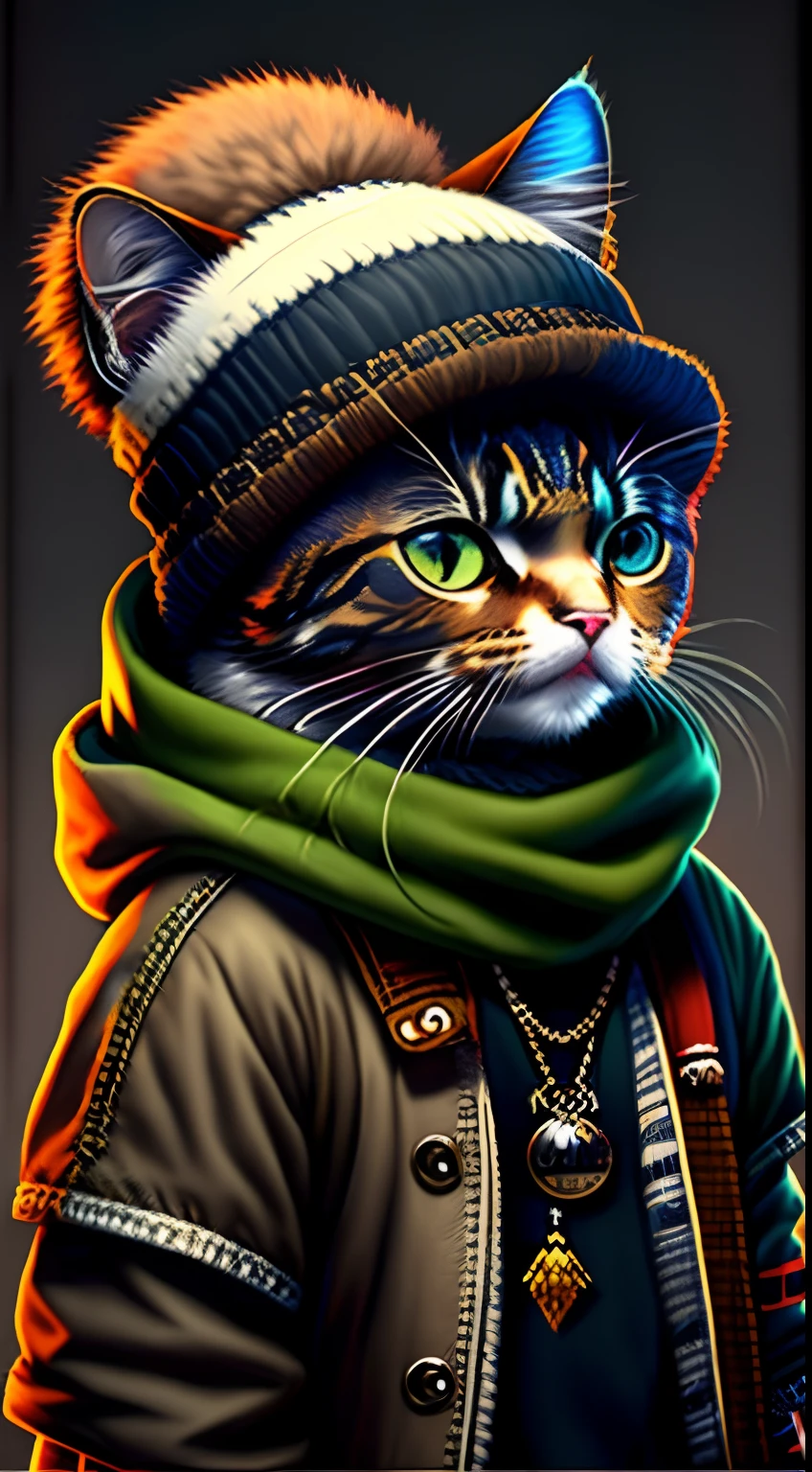 image of a cat in a hat and scarf, art station trend, dressed in punk clothes, hyper realistic detailed rendering, British gang member, urban style, intimidating pose, planet of cats, fashion clothes, urban samurai, meow, West Slavic traits, 8 1 5