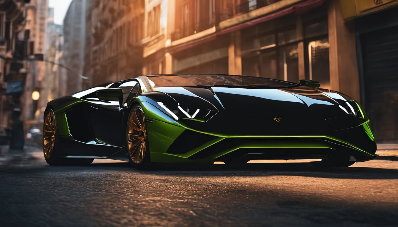 Close-up of a Lamborghini car parked on a city street, Wallpaper Mobile, Cinematic poster, phone wallpaper, Like the Matrix, Motivational posters,Black color Lamborghini cars,  Money raining from the sky,Cinematic 4k wallpapers, 4K Wallpapers of Movies, Matrix LUT, poster for!!!, GTA V Poster Style, automotive photography, Cinematic matte illustration, Matt Digital Illustration, amazing wallpapers, matte painting movie poster, GTA loading screen art, mobile wallpaper