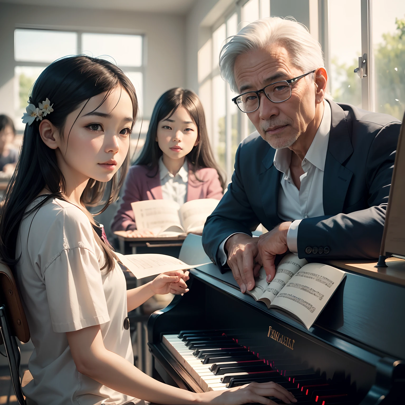 In bright classrooms,(An older Asian male teacher teaches two elementary school students to play the piano:1.5),The teacher's face is full of the vicissitudes of time,Full of silver hair,Watch your classmates smile toothyly,Sunlight shines through the window on the teacher's face,pianos,((Best quality, A high resolution, Masterpiece:1.2)), Clear facial features, Optimized details,8K,cinematic Film still from.