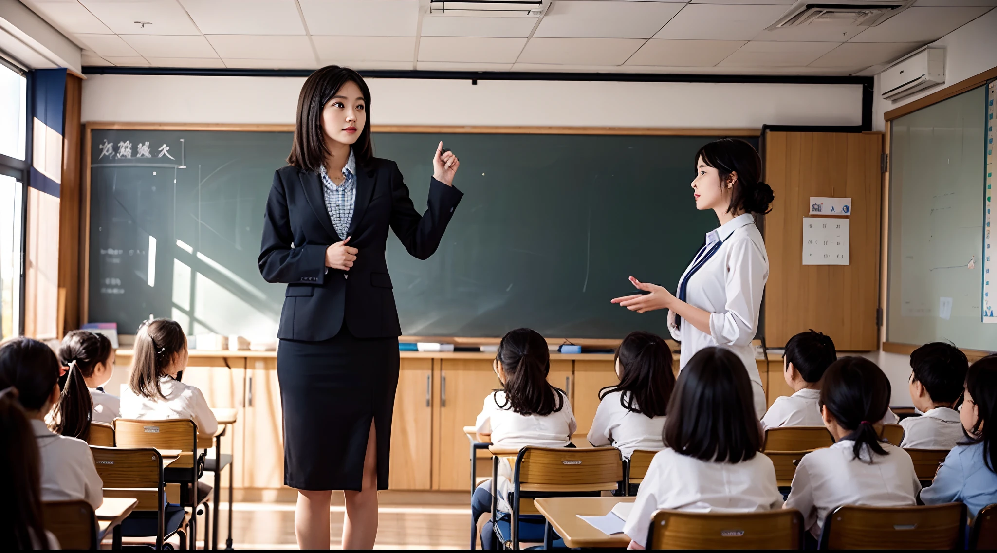 a beautiful teacher standing on the podium,a group of cute , in Classroom,Listening carefully to the teacher's lecture,Ultra-detailed,Masterpiece:1.2,Realistic:1.37,Panorama Figures