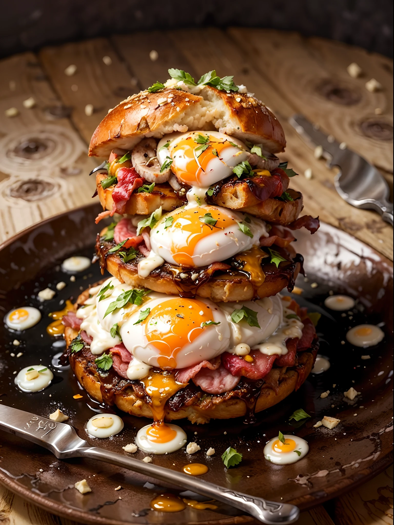 (best quality,ultra-detailed,realistic:1.37) A vibrant breakfast dish, perfectly capturing the essence of a standard England breakfast. The main focus of the scene is on two perfectly cooked cladding eggs, their whites firm and yolks runny. They sit atop two slices of freshly toasted bread, lightly buttered and with a golden-brown crust. Adjoining the eggs are two slices of crispy bacon, glistening with rendered fat and a slightly charred exterior. Completing the ensemble are two succulent sausages, cooked to perfection and bursting with savory flavors. 

The dish is positioned on a pristine white plate, accompanied by a gleaming silver knife and fork. A sprinkle of freshly ground black pepper adds a touch of aroma and enhances the visual appeal. The colors of the ingredients are vibrant, with the golden-yellows of the eggs, the rich browns of the bacon and sausages, and the warm hues of the toasty bread. 

The lighting is natural and soft, casting gentle shadows that add depth and dimension to the scene. The composition is balanced and inviting, drawing the viewer's attention to the mouthwatering breakfast. The overall image exudes a sense of warmth and comfort, evoking a pleasant and cozy dining experience.