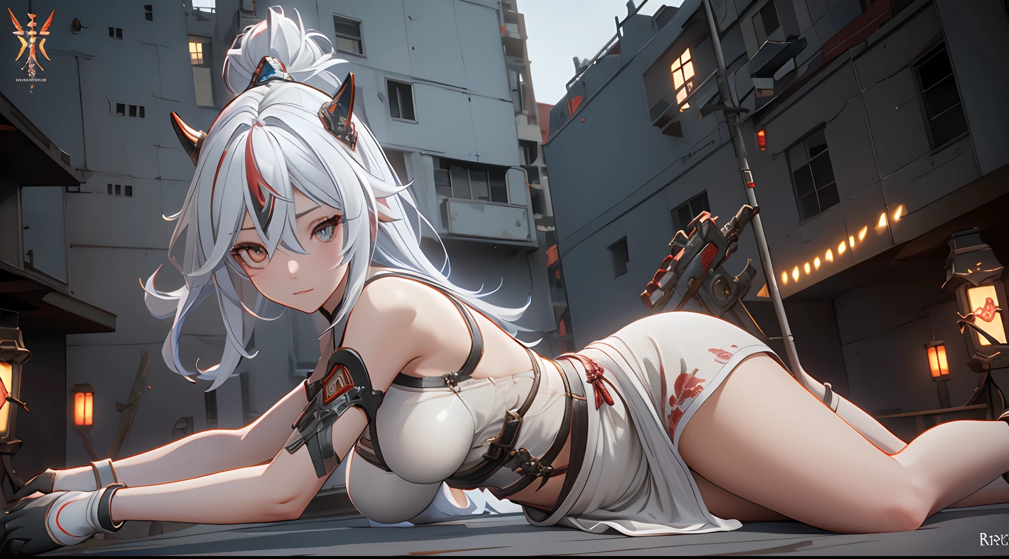an alone girl with long red color slice gray hair , eye sleep, on the bed, inside china room style, china city , night time, High detail mature face, 2 short mechanic horn , iron mask, bare leg, bare shoulder, white china dress, white glove, black boot, high res, ultra sharp, 8k, masterpiece, smiling, assault rifle on the girl side, fantasy world, magical radiance background ((Best quality)), ((masterpiece)), 3D, HDR (High Dynamic Range),Ray Tracing, NVIDIA RTX, Super-Resolution, Unreal 5,Subsurface scattering, PBR Texturing, Post-processing, Anisotropic Filtering, Depth-of-field, Maximum clarity and sharpness, Multi-layered textures, Albedo and Specular maps, Surface shading, Accurate simulation of light-material interaction, Perfect proportions, Octane Render, Two-tone lighting, Wide aperture, Low ISO, White balance, Rule of thirds,8K RAW, Aura, masterpiece, best quality, Mysterious expression, magical effects like sparkles or energy, flowing robes or enchanting attire, mechanic creatures or mystical background, rim lighting, side lighting, cinematic light, ultra high res, 8k uhd, film grain, best shadow, delicate, RAW, light particles, detailed skin texture, detailed cloth texture, beautiful face, (masterpiece), best quality, expressive eyes, perfect face,