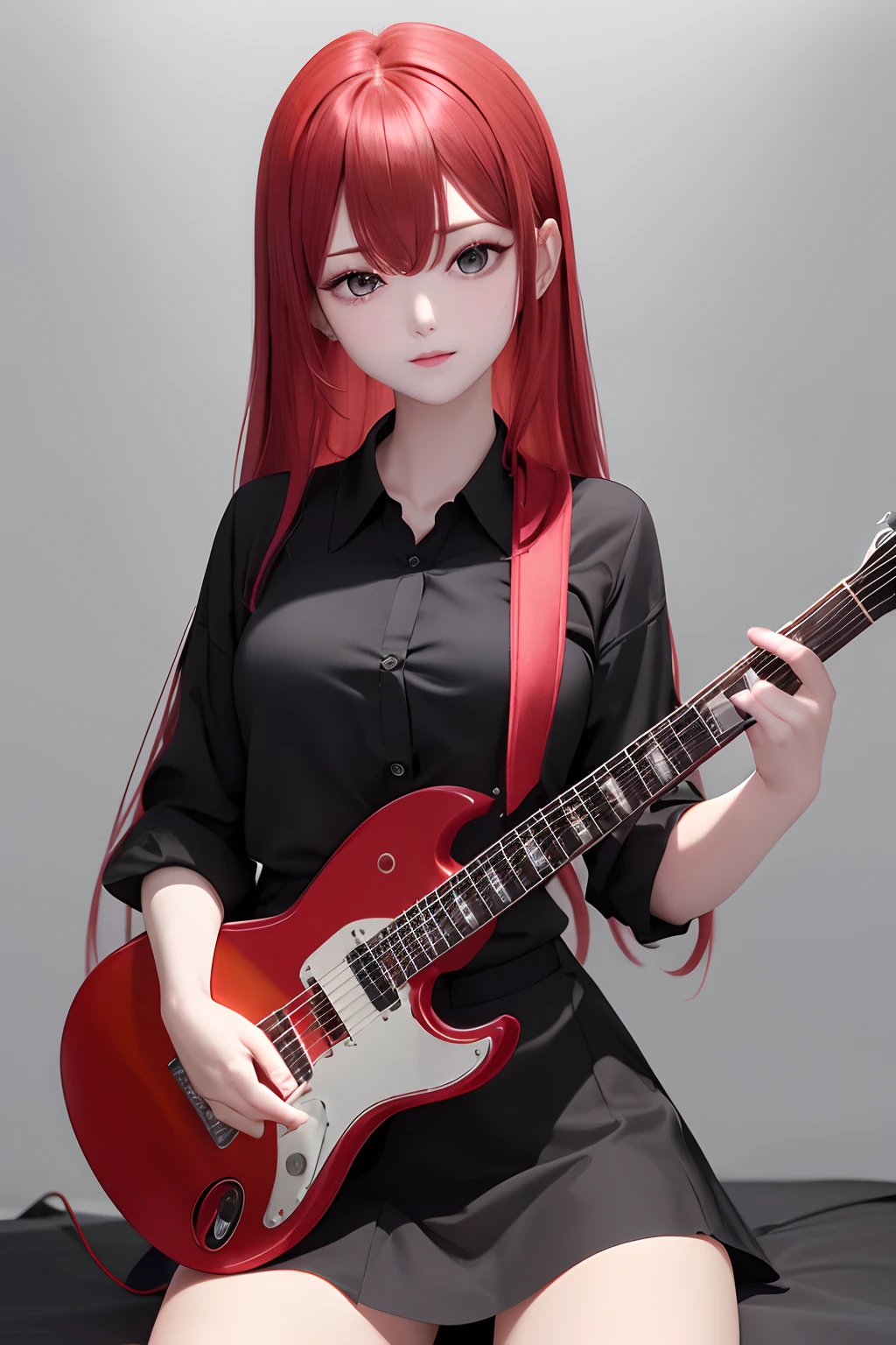 (Black background)(a very delicate and beautiful)、a very delicate and beautiful)、(Red hair)(Black mesh)(frontage)(white shirt)、dynamic ungle、portlate)、(smooth hair)、(Big eyes)beautiful countenance、de pele branca、depth of fields、radiant lips、(Playing the guitar)