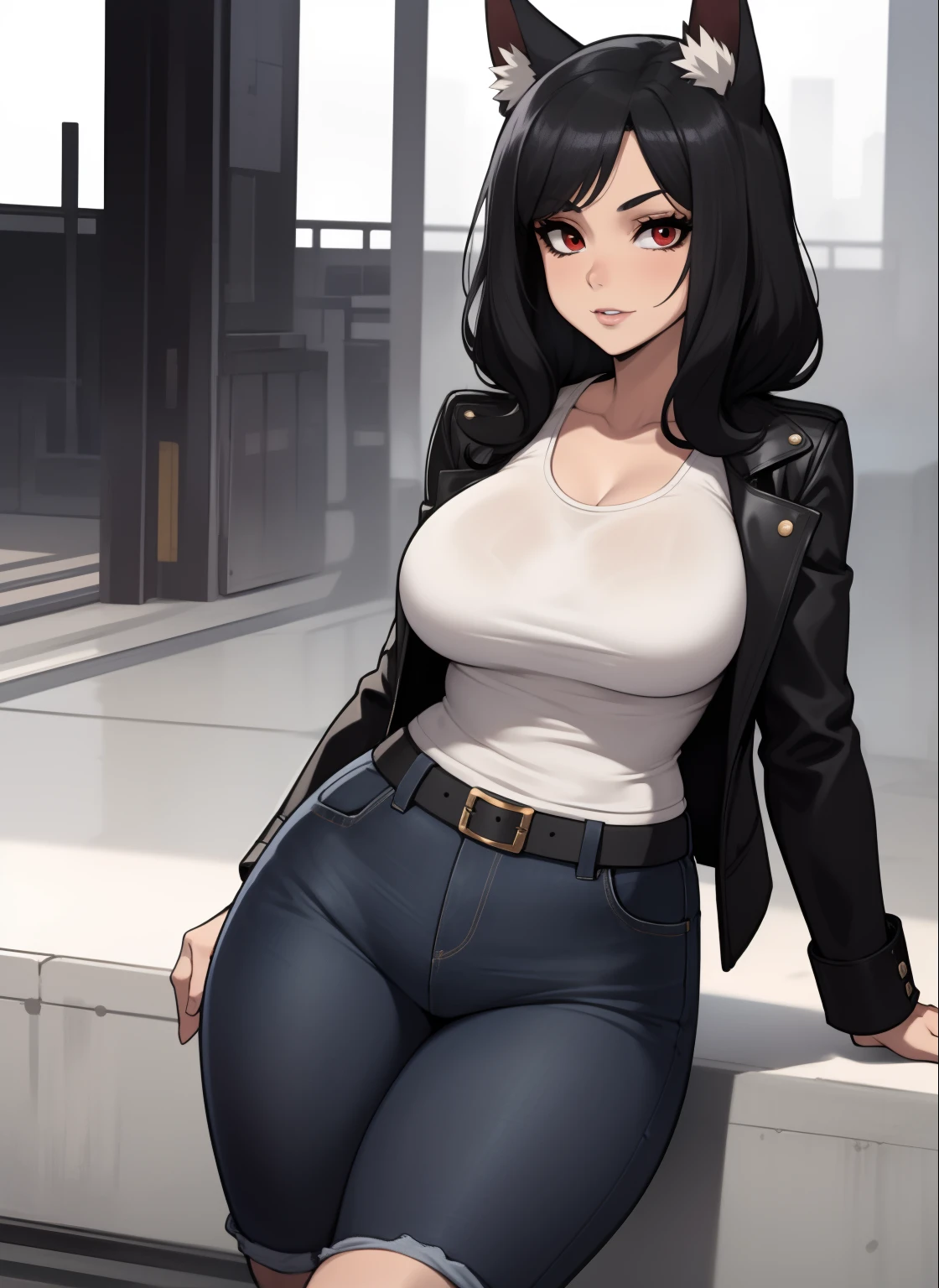 Single woman, anime woman, Hourglass figure, Short, long black hair, dog ears, red eyes, short jeans, thigh high socks, black combat boots, open black jacket, big chest, tank top, solo woman, only one woman