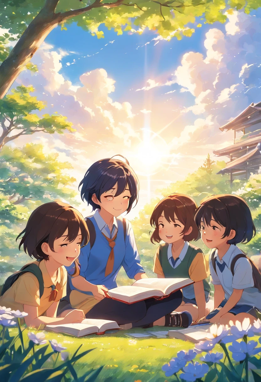 Happy Teacher and a group of children, illustration, a kind and lovely teacher reading a bookand with students, blue sky and white clouds, various flowers and bright sunshine, bright colors, warm atmosphere