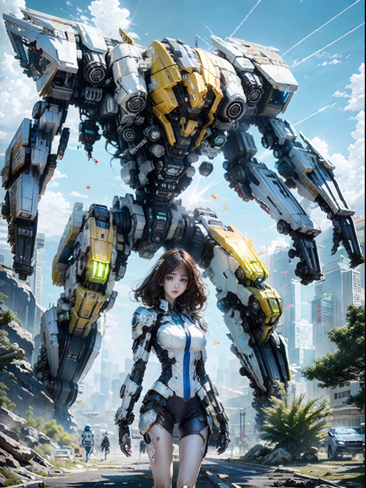 ((Best quality)), ((masterpiece)), (highly detailed:1.3), 3D,Shitu-mecha, beautiful cyberpunk women with her mecha in the ruins of city from a forgoten war, ancient technology,HDR (High Dynamic Range),Ray Tracing,NVIDIA RTX,Super-Resolution,Unreal 5,Subsurface scattering,PBR Texturing,Post-processing,Anisotropic Filtering,Depth-of-field,Maximum clarity and sharpness,Multi-layered textures,Albedo and Specular maps,Surface shading,Accurate simulation of light-material interaction,Perfect proportions,Octane Render,Two-tone lighting,Low ISO,White balance,Rule of thirds,Wide aperature,8K RAW,Efficient Sub-Pixel,sub-pixel convolution,luminescent particles,light scattering,Tyndall effect