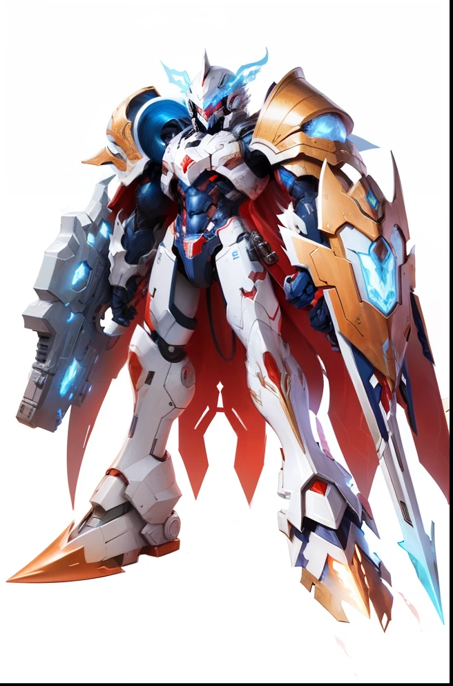 Digimom white male color blue and red weapons in hand concept art fantasy, Elemental fire, Skill power fire