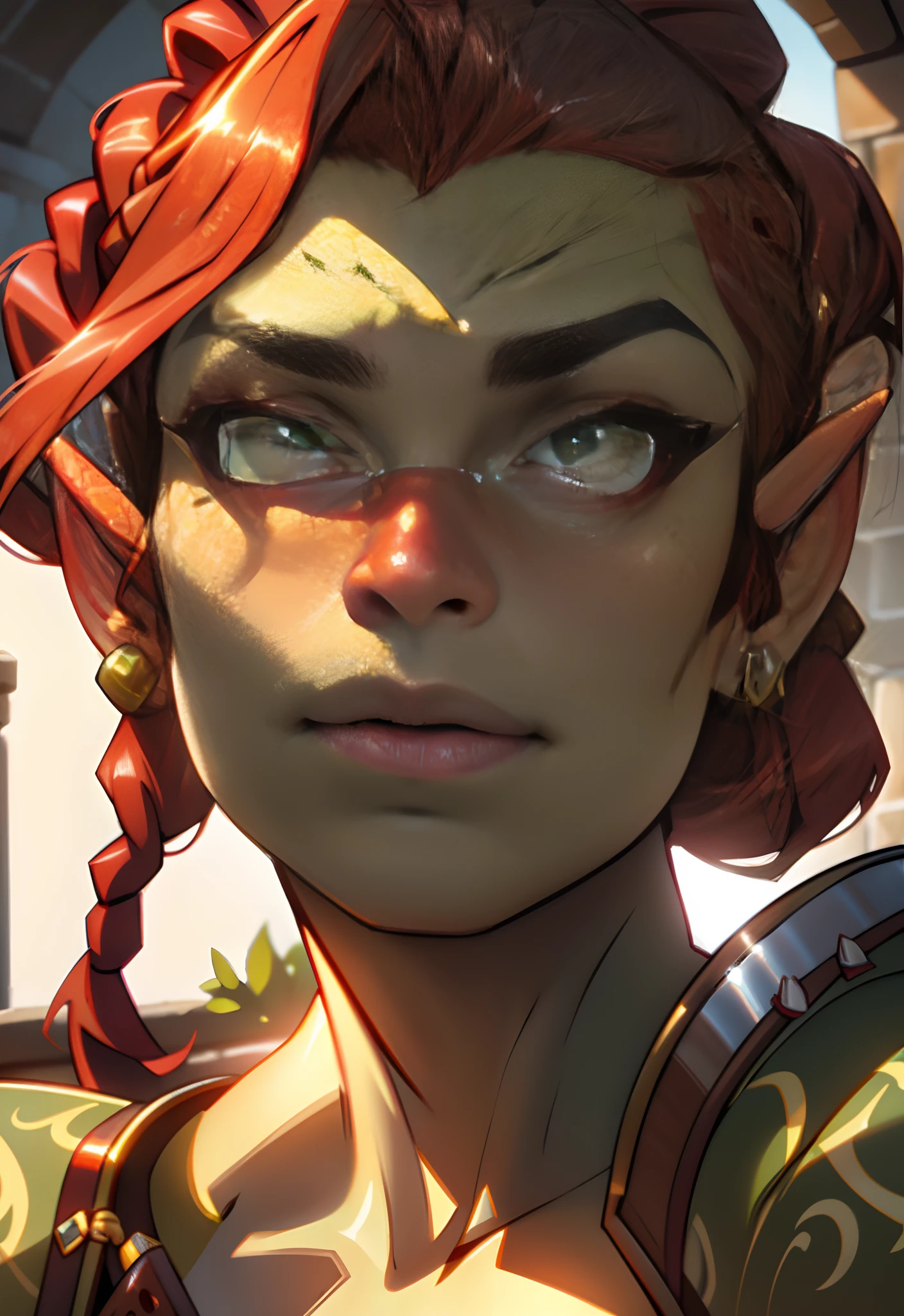 beautiful, (masterpiece:1.2), (best quality:1.2), perfect lighting, sharp focus, A close up face portrait of a gorgeous redhead orc lady
1girl, solo, highly detailed face, high detail eyes, perfect eyes, perfect face, looking up at her, orc, orc girl, olive green colored skin, (tusk:1.4), mature orc girl, abs, toned, Muscular, long red braids, Bored expression.