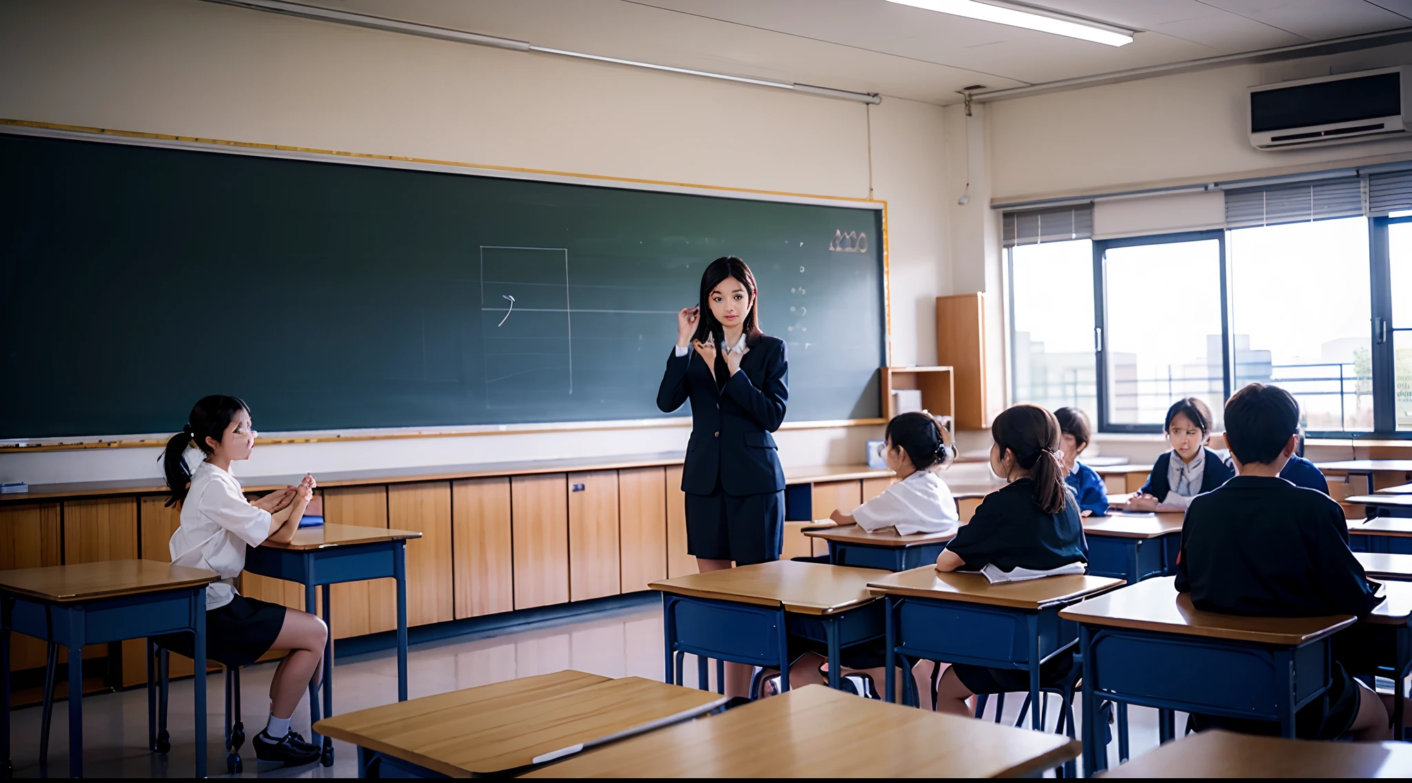 a beautiful teacher standing on the podium,a group of cute , in Classroom,Listening carefully to the teacher's lecture,Ultra-detailed,Masterpiece:1.2,Realistic:1.37,Panorama Figures