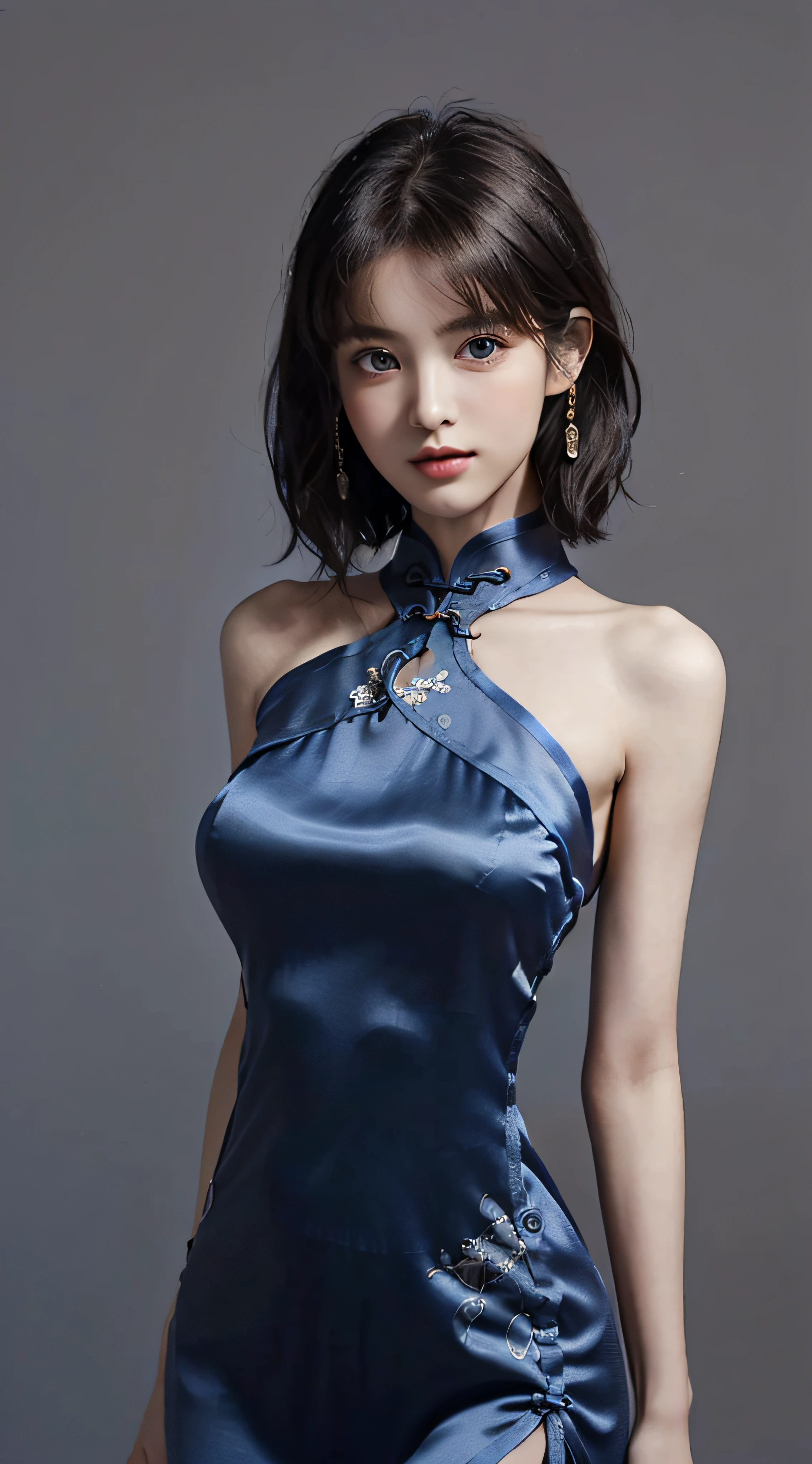 masutepiece、best qualtiy、(Light photo: 1.3)、Photorealsitic, 1 girl in、(Medium hair, brown:1.7)、(Stunning innocent symmetrical face, Beautiful fece:1.5)、(Beautiful eye details:1.5), (Very peaceful heart:1.4), (Little smile:0.7), emotional, BREAK, (Dark blue slim silk ultra-thin cheongsam, tight, Perfect:1.7), (Large breasts, neat shape breasts:1.9), (slender:1.7), (pureerosface_v1:0.7), (thin waist, Thin arms, thin neck, thin shoulders:1.6), (sloped shoulder:1.7), (simple gradation background, Gray:1.5)