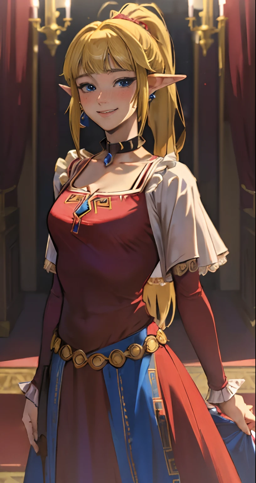 (adult:1.4)(masterpiece, best quality:1.2), (looking at viewer), princess, Zelda, red theme, long dress, blonde hair, blue eyes, palace, frills, cowboy shot, ponytail,(blushing), (collar), (smiling:0.7),