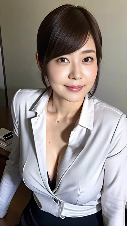 (Best quality, 8k, 32k, Masterpiece, UHD:1.2), 1 girl, ((close up)), beautiy Japanese office lady, (smile:0.5), (looking at the viewer), bit chubby, grey suit, grey mini skirt, white shirt, office room, desk, (huge breasts, buttocks:1.2), detailed beautiful face, double-pony-tail hair, from below,