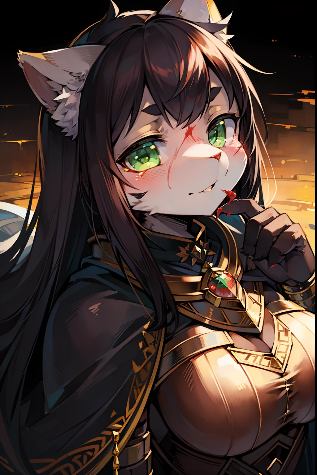 female furry kemono style cat, wearing a cape made of gold and ancient armor, with vibrant green eyes, bust view, with white fur and black hair, with blood on her face, with hands on her face, looking at the viewer in a dark, 4k, dark lighting, masterpiece, sinister and beautiful composition