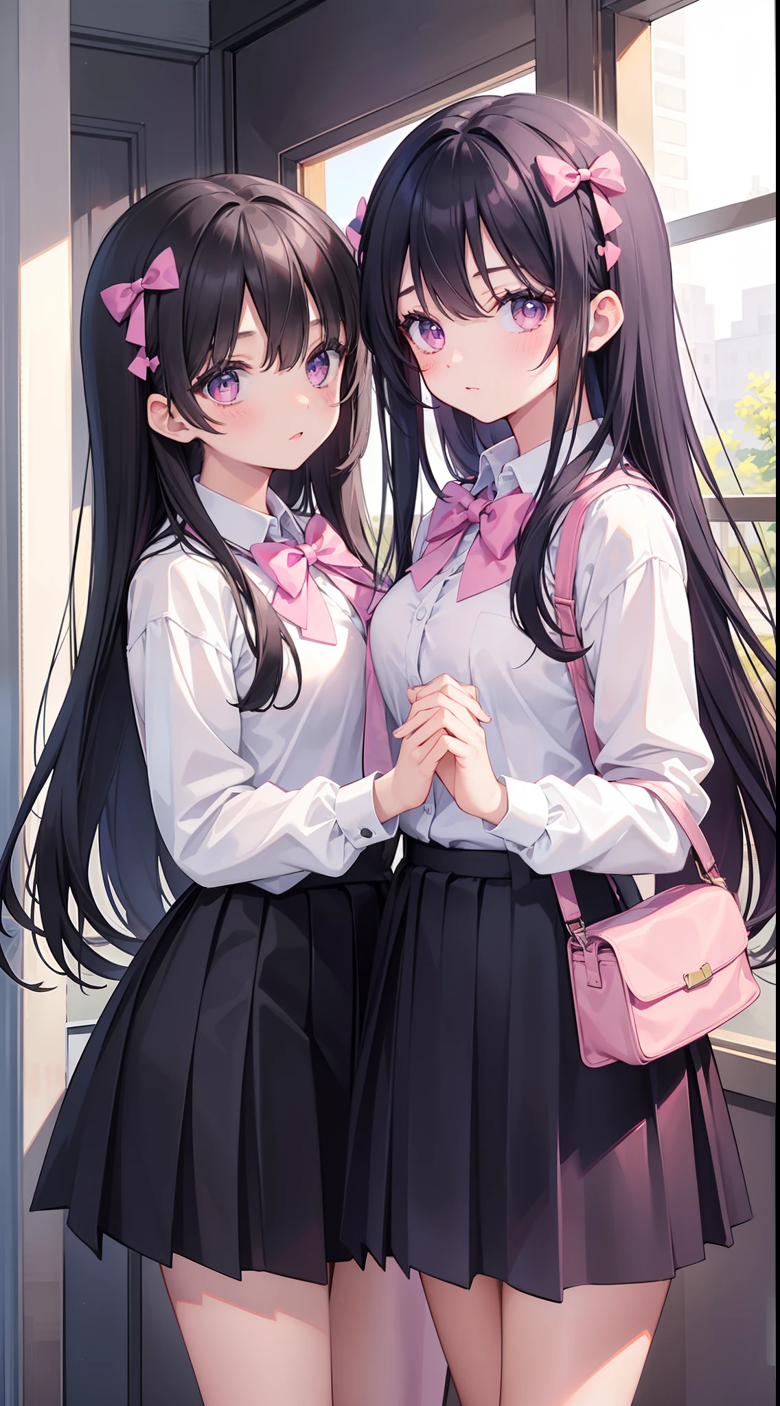 ((Best quality)), The picture displays two young girls in pink school uniforms with long black hair and intertwined hands. The girl on the left has notably purple eyes alongside a charming pink bow in her hair.