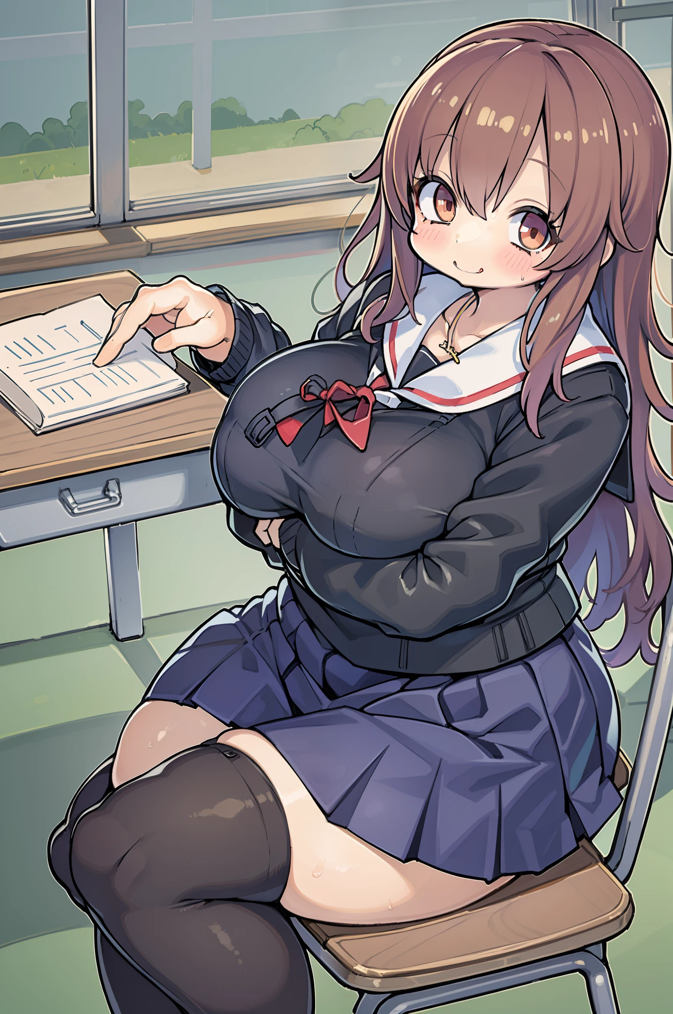 ((masutepiece, Best Quality)),Best aesthetic,1girl in, School uniform, desk work, Sitting, School Desk, Brown hair, crass room, Long hair, Indoors, Chair, Looking at Viewer, :P, Solo Focus, Brown eyes, Skirt, Long sleeves, Pencil, 1 boy, pencil case, paper, black serafuku, Multiple girls, Pleated skirt, Sailor collar, Bangs, head rest, School bag, school chair,huge-breasted、bbw、thick thight、big butts