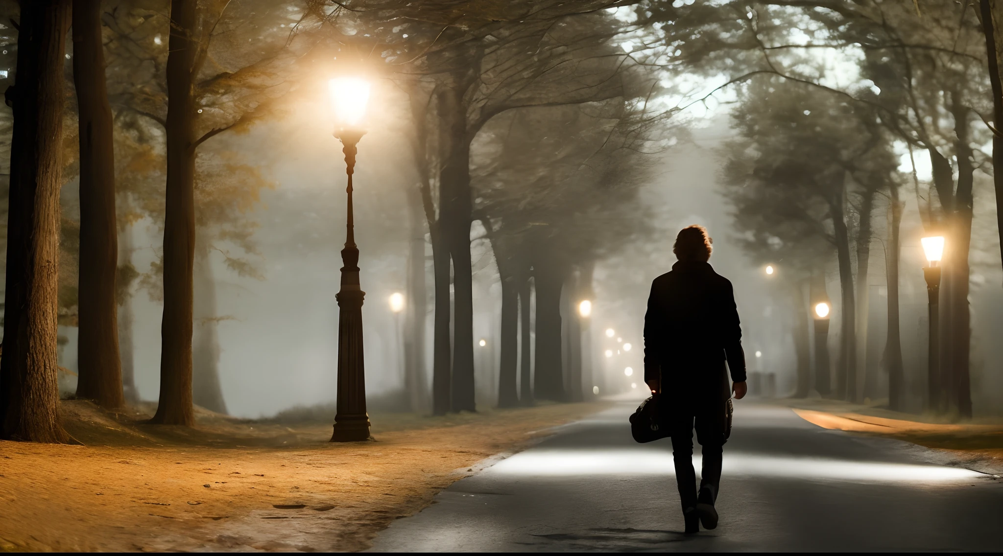 Imagen cinematografica, una persona con un farol en la mano, iluminando el camino.