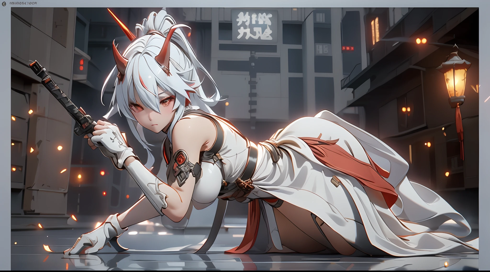 an alone girl with long red color slice gray hair , eye sleep, on the bed, inside china room style, china city , night time, High detail mature face, 2 short mechanic horn , iron mask, bare leg, bare shoulder, white china dress, white glove, black boot, high res, ultra sharp, 8k, masterpiece, smiling, assault rifle on the girl side, fantasy world, magical radiance background ((Best quality)), ((masterpiece)), 3D, HDR (High Dynamic Range),Ray Tracing, NVIDIA RTX, Super-Resolution, Unreal 5,Subsurface scattering, PBR Texturing, Post-processing, Anisotropic Filtering, Depth-of-field, Maximum clarity and sharpness, Multi-layered textures, Albedo and Specular maps, Surface shading, Accurate simulation of light-material interaction, Perfect proportions, Octane Render, Two-tone lighting, Wide aperture, Low ISO, White balance, Rule of thirds,8K RAW, Aura, masterpiece, best quality, Mysterious expression, magical effects like sparkles or energy, flowing robes or enchanting attire, mechanic creatures or mystical background, rim lighting, side lighting, cinematic light, ultra high res, 8k uhd, film grain, best shadow, delicate, RAW, light particles, detailed skin texture, detailed cloth texture, beautiful face, (masterpiece), best quality, expressive eyes, perfect face,