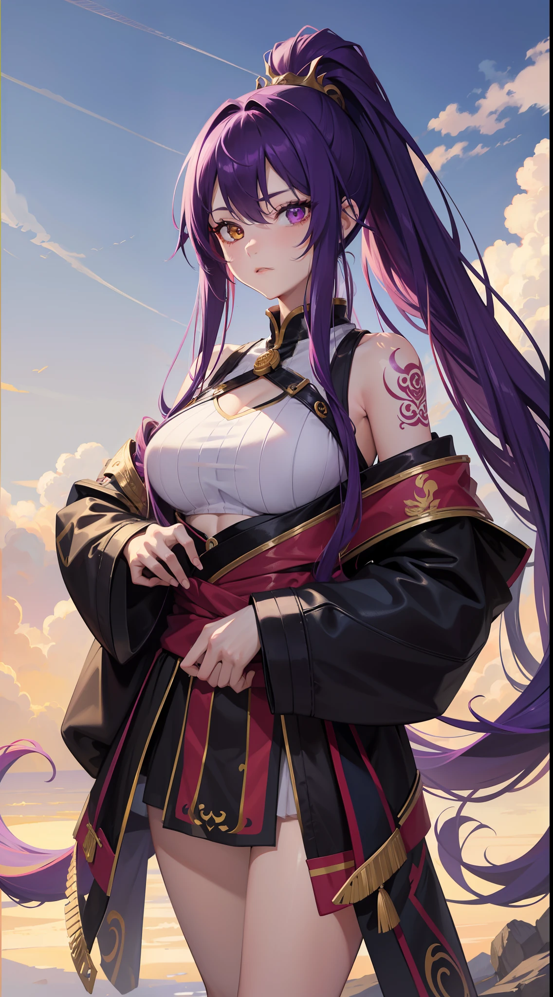 (((Masterpiece))), (((high resolution))), (((8k))), (((Perfect face))), (((korean idol))), 21 years, (Red skirt), (fitted blouse), (big breasts), Look at the camera, ((top quality eyes)), high quality face, Detailed texture, Detailed image of a 21-year-old girl with a katana featuring green, purple, and lilac tones on the scabbard, long white hair, wearing the Hashira uniform from Demon Slayer, with purple eyes that have lilac tone, long white hair.