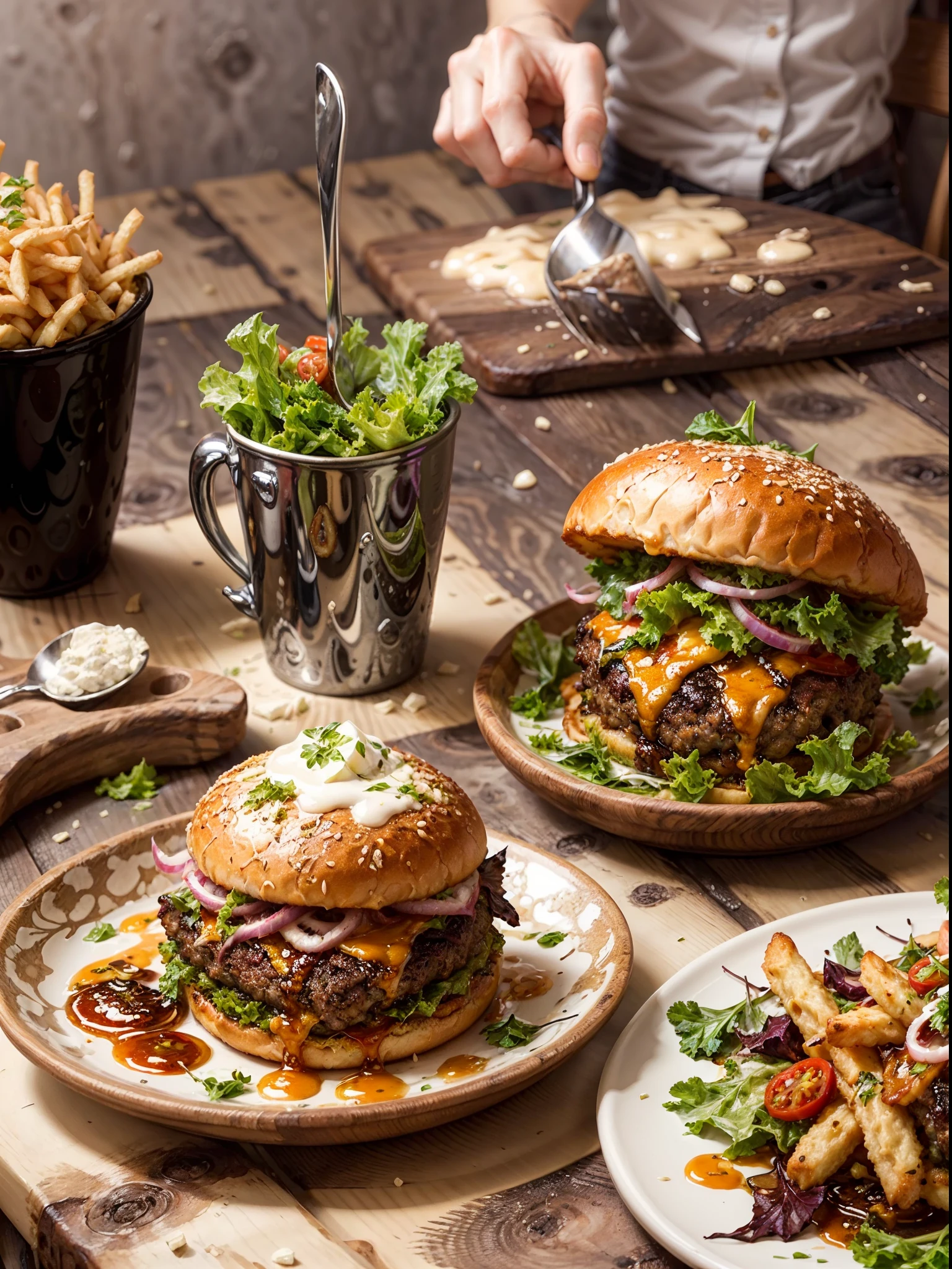 golden fries, and a side of ketchup. The burger is perfectly cooked with juicy and tender beef patties, topped with melted cheese that oozes out with every bite. The buns are lightly toasted, adding a crunch to each mouthful. The fresh salad, consisting of crisp lettuce, ripe tomatoes, and crunchy pickles, provides a refreshing balance to the rich and savory flavors of the burger. The golden fries are crispy on the outside and soft on the inside, sprinkled with just the right amount of salt. The dish is presented on a clean white plate, enhancing the vibrant colors of the ingredients. The lighting is focused on the burger, creating a captivating play of light and shadows. The overall aesthetic is realistic and mouthwatering, inviting the viewer to indulge in the delicious meal. The colors are vivid and appetizing, with warm tones that enhance the appetite. The attention to detail is superb, capturing the textures and intricacies of each element in the dish. The high resolution and ultra-detailed rendering ensure a lifelike representation of the burger, making it almost tempting to reach out and grab a bite.