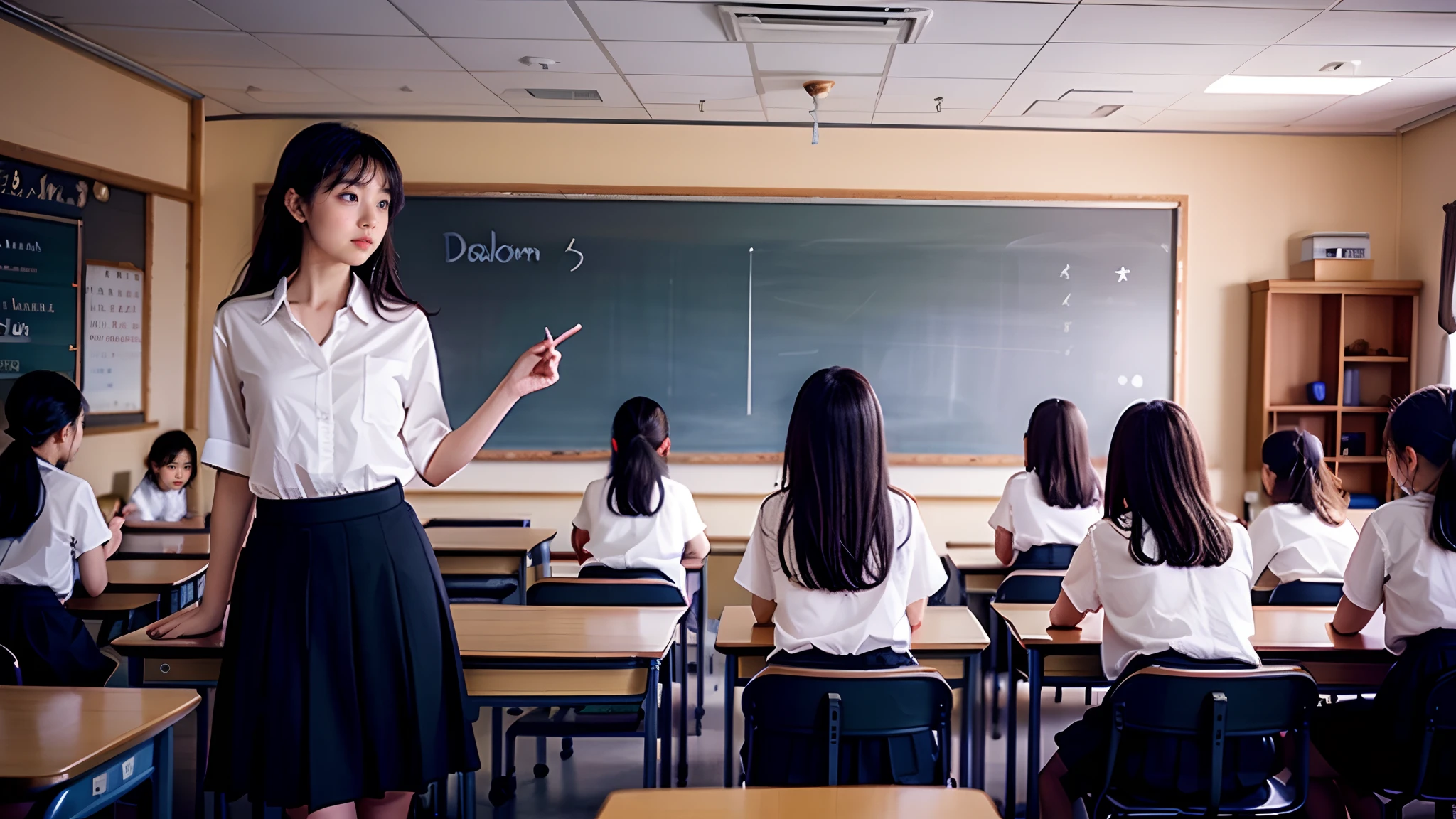 a beautiful teacher standing on the podium,a group of cute , in Classroom,Listening carefully to the teacher's lecture,Ultra-detailed,Masterpiece:1.2,Realistic:1.37,Panorama Figures