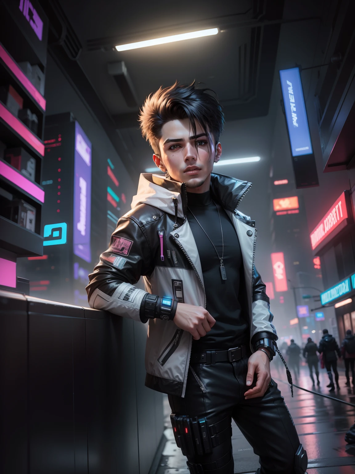 Change background cyberpunk handsome boy, realistic face, ultra realistic