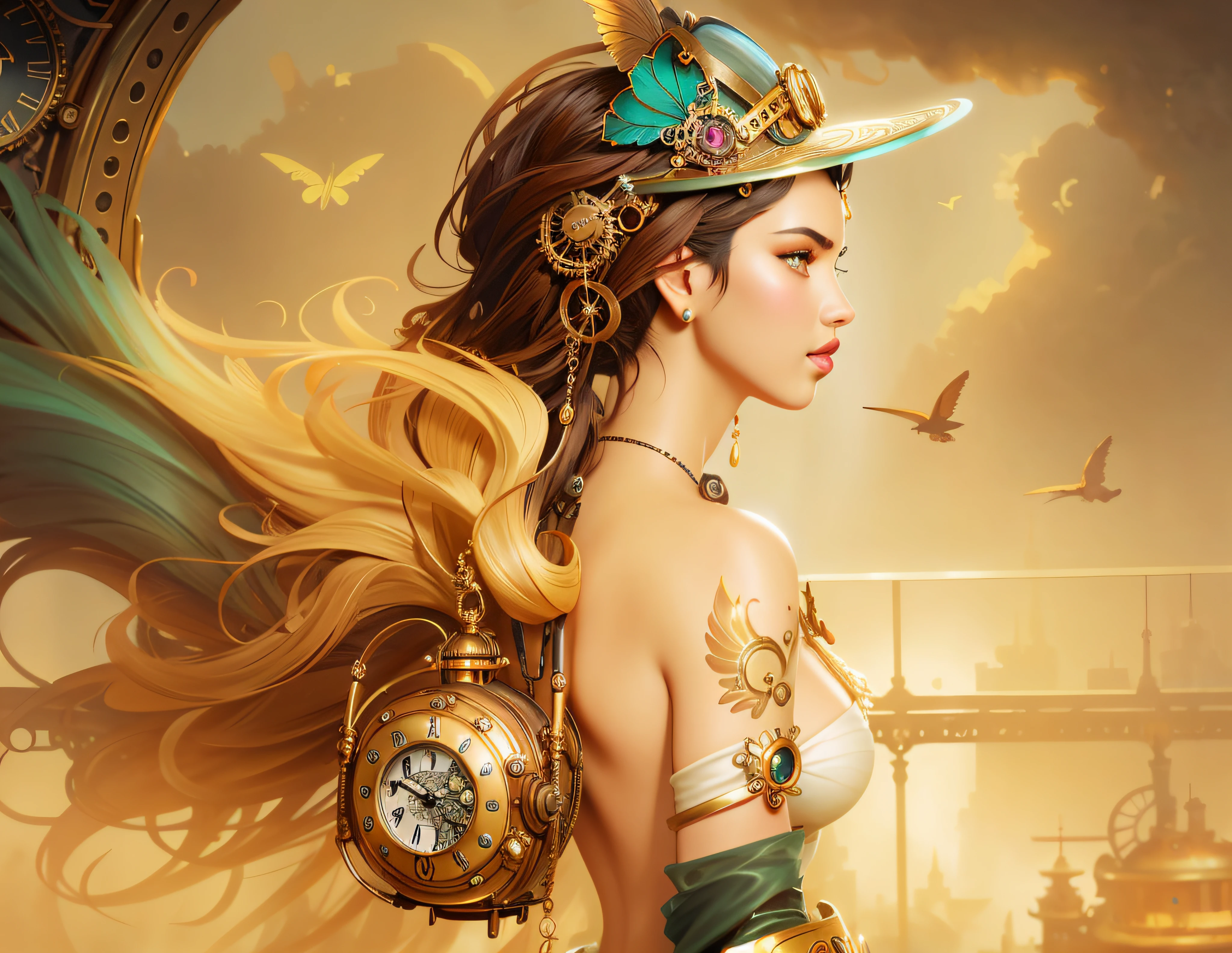 there is a woman (Adriana Lima :1.1) with a clock and a hat on, a steampunk beautiful goddess, steampunk fantasy style, steampunk beautiful anime woman, karol bak uhd, artgerm julie bell beeple, steampunk fantasy, artgerm detailed, style ivan talavera and artgerm, steampunk pin-up girl, artgerm style, digital steampunk art, (masterpiece:1.2), original, masterpiece, best quality, official art,
(extremely detailed cg unity 8k wallpaper), (extremely fine and beautiful:1.2),
(beautiful and clear background)
