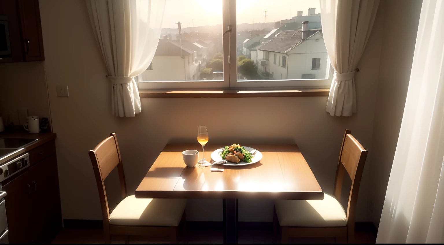 Clean and tidy restaurant,There are white curtains for the window The setting sun shines on the dining room in warm colors There is a small square table by the window, On top of it is a plate of braised fish, A plate of greens, and a bowl of rice, wind blowing through, The white curtains are blowing