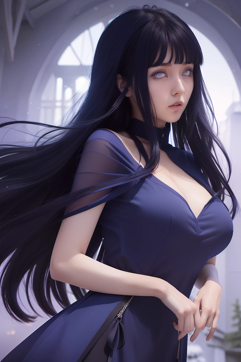 Hinata hyuga A woman was standing in the balcony. She was wearing a dark-blue dress. His hair was blue. Straight. Long. Unattached. He had a white as snow. With her rosy cheeks. And those little red lips. He looked straight ahead. Looking so pretty and realistic