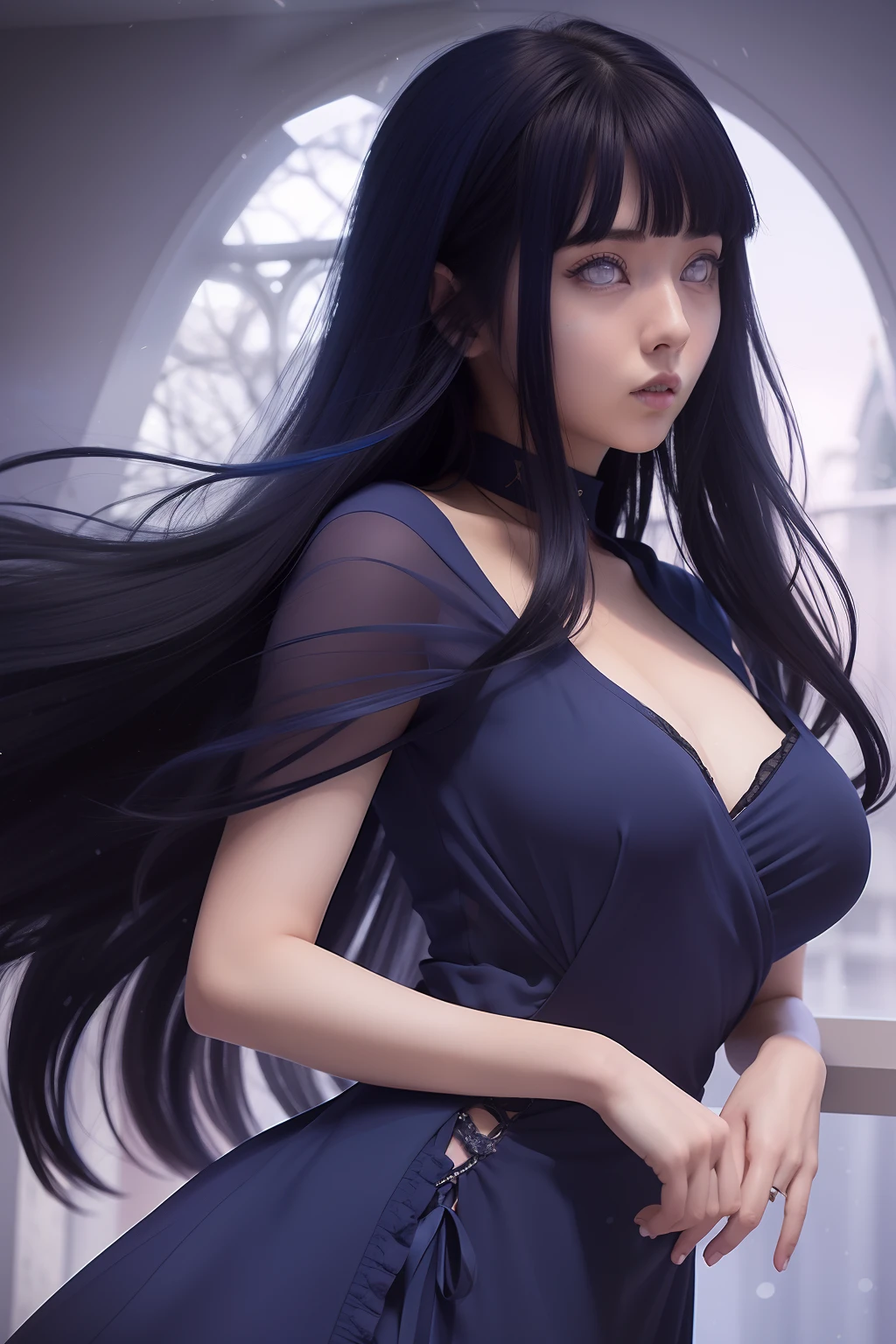 Hinata hyuga A woman was standing in the balcony. She was wearing a dark-blue dress. His hair was blue. Straight. Long. Unattached. He had a white as snow. With her rosy cheeks. And those little red lips. He looked straight ahead. Looking so pretty and realistic