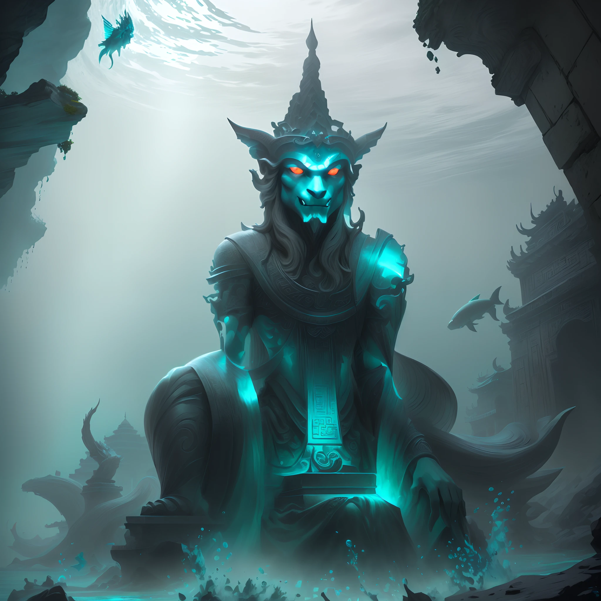 there is a statue of a mythical creature sitting on a rock in the water, asura from chinese myth, the god of the sea, water demon, undersea temple, narasimha, underwater temple, king of the sea, water temple, greek myth digital painting, menacing!, epic digital painting, god of the ocean, menacing!!!