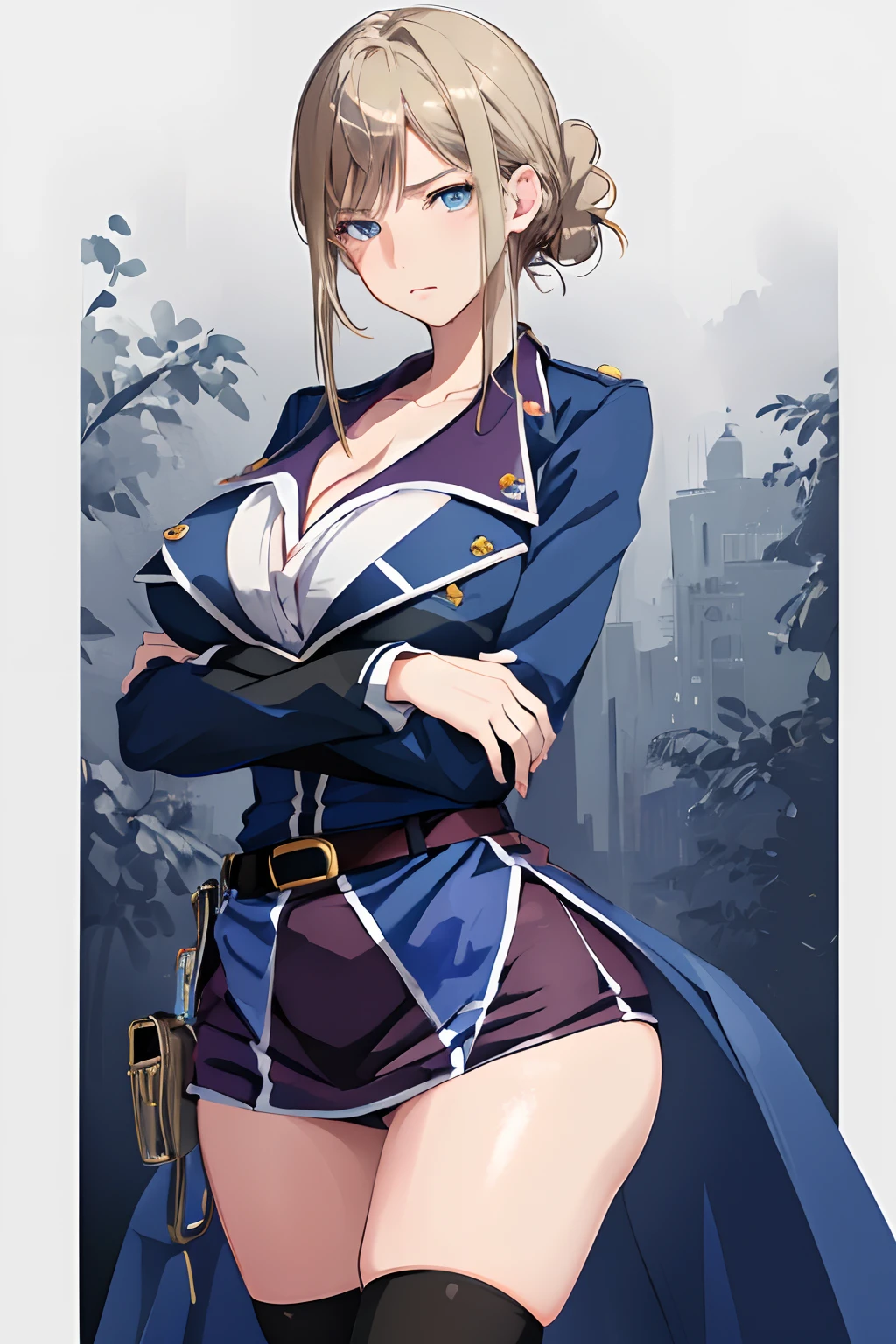 (masterpiece, best quality:1.2), cowboy shot, solo, 1girl, awashima seri, expressionless, closed mouth, looking at viewer, crossed arms, blue eyes, uniform, thighhighs, (busty), (thick), (huge tits),