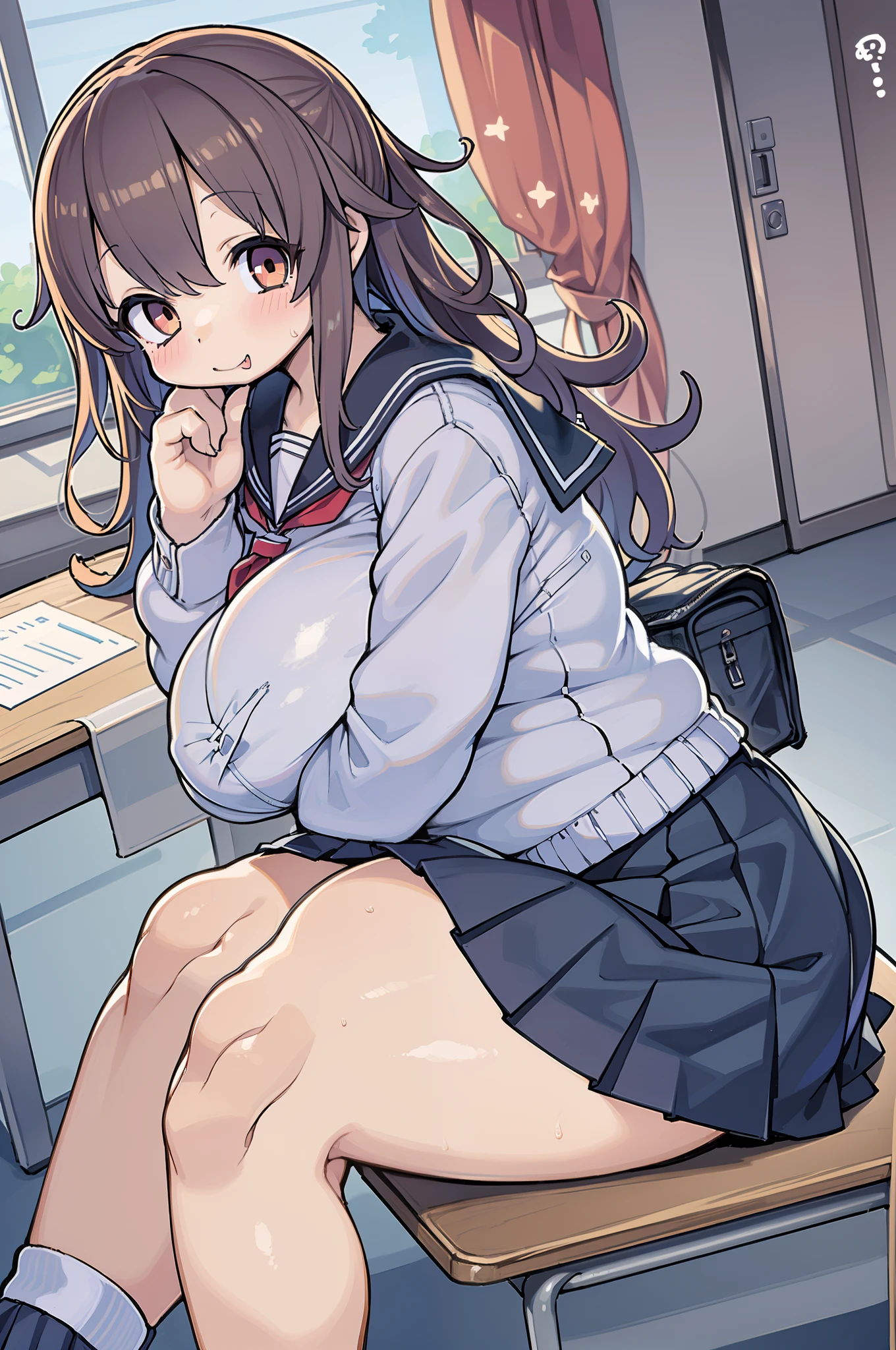 ((masutepiece, Best Quality)),Best aesthetic,1girl in, School uniform, desk work, Sitting, School Desk, Brown hair, crass room, Long hair, Indoors, Chair, Looking at Viewer, :P, Solo Focus, Brown eyes, Skirt, Long sleeves, Pencil, 1 boy, pencil case, paper, black serafuku, Multiple girls, Pleated skirt, Sailor collar, Bangs, head rest, School bag, school chair,huge-breasted、bbw、thick thight、big butts