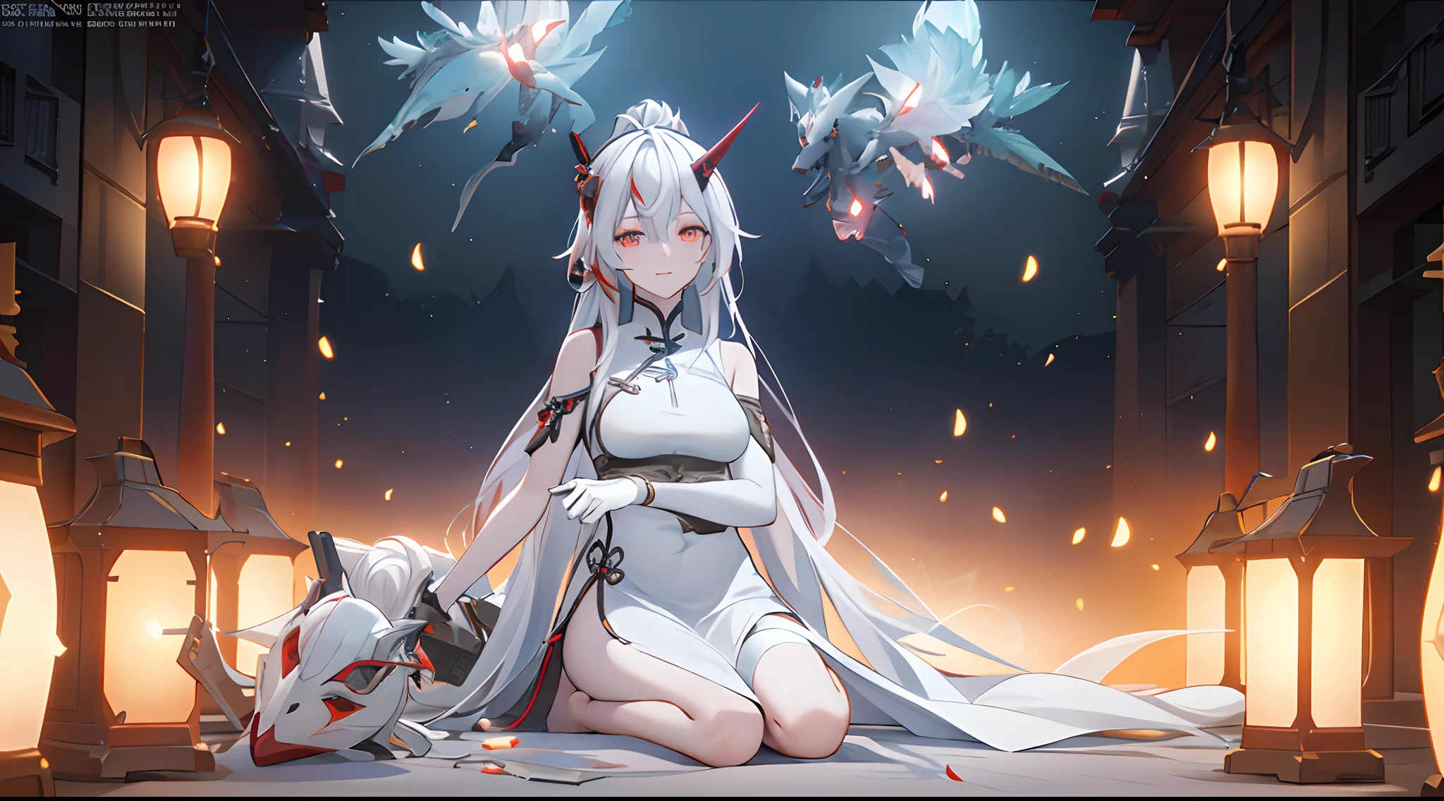 an alone girl with long red color slice gray hair , eye sleep, on the bed, inside china room style, china city , night time, High detail mature face, 2 short mechanic horn , iron mask, bare leg, bare shoulder, white china dress, white glove, black boot, high res, ultra sharp, 8k, masterpiece, smiling, assault rifle on the girl side, fantasy world, magical radiance background ((Best quality)), ((masterpiece)), 3D, HDR (High Dynamic Range),Ray Tracing, NVIDIA RTX, Super-Resolution, Unreal 5,Subsurface scattering, PBR Texturing, Post-processing, Anisotropic Filtering, Depth-of-field, Maximum clarity and sharpness, Multi-layered textures, Albedo and Specular maps, Surface shading, Accurate simulation of light-material interaction, Perfect proportions, Octane Render, Two-tone lighting, Wide aperture, Low ISO, White balance, Rule of thirds,8K RAW, Aura, masterpiece, best quality, Mysterious expression, magical effects like sparkles or energy, flowing robes or enchanting attire, mechanic creatures or mystical background, rim lighting, side lighting, cinematic light, ultra high res, 8k uhd, film grain, best shadow, delicate, RAW, light particles, detailed skin texture, detailed cloth texture, beautiful face, (masterpiece), best quality, expressive eyes, perfect face,