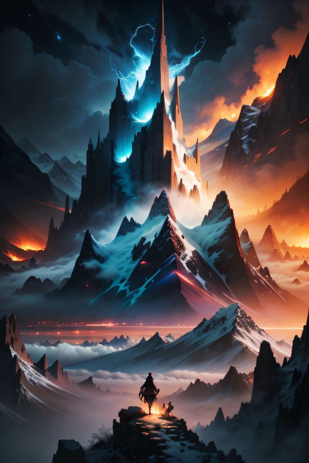 Draw a mountain,The background is the purple-black galaxy and universe,There are people under the mountain,Scary creatures in the mountains, Huge Cthulus,Dark,low details. Digital painting, mountain scene, inspired by Tim Hildebrandt, snow mountains, 4k highly detailed digital art, jen bartel, mountain in background, Granular matte finish, mountain range in background, Big Mountain, 4k hd matte digital painting,Otherworldly mysterious creatures, Terrifying atmosphere, Fire, Smoke, hyper photorealism, High quality, Masterpiece
