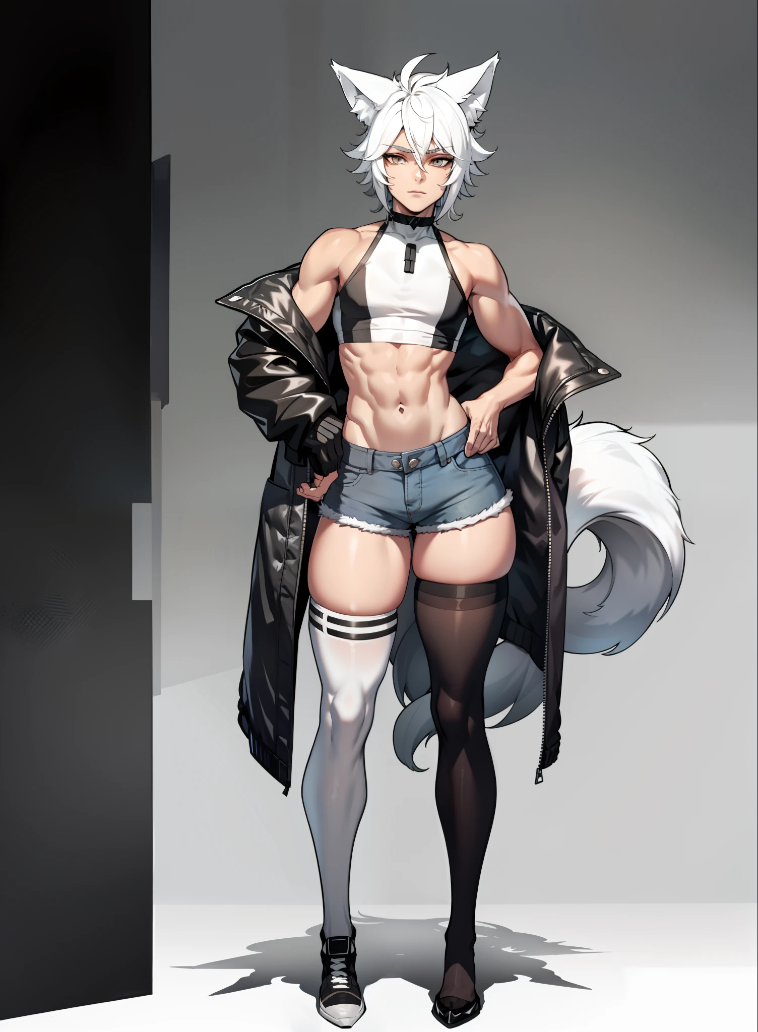 male with white hair, has wolf ears, has wolf tail, shirtless, wearing short shorts, wearins thigh high socks, wearing loose jacket hanging off shoulders