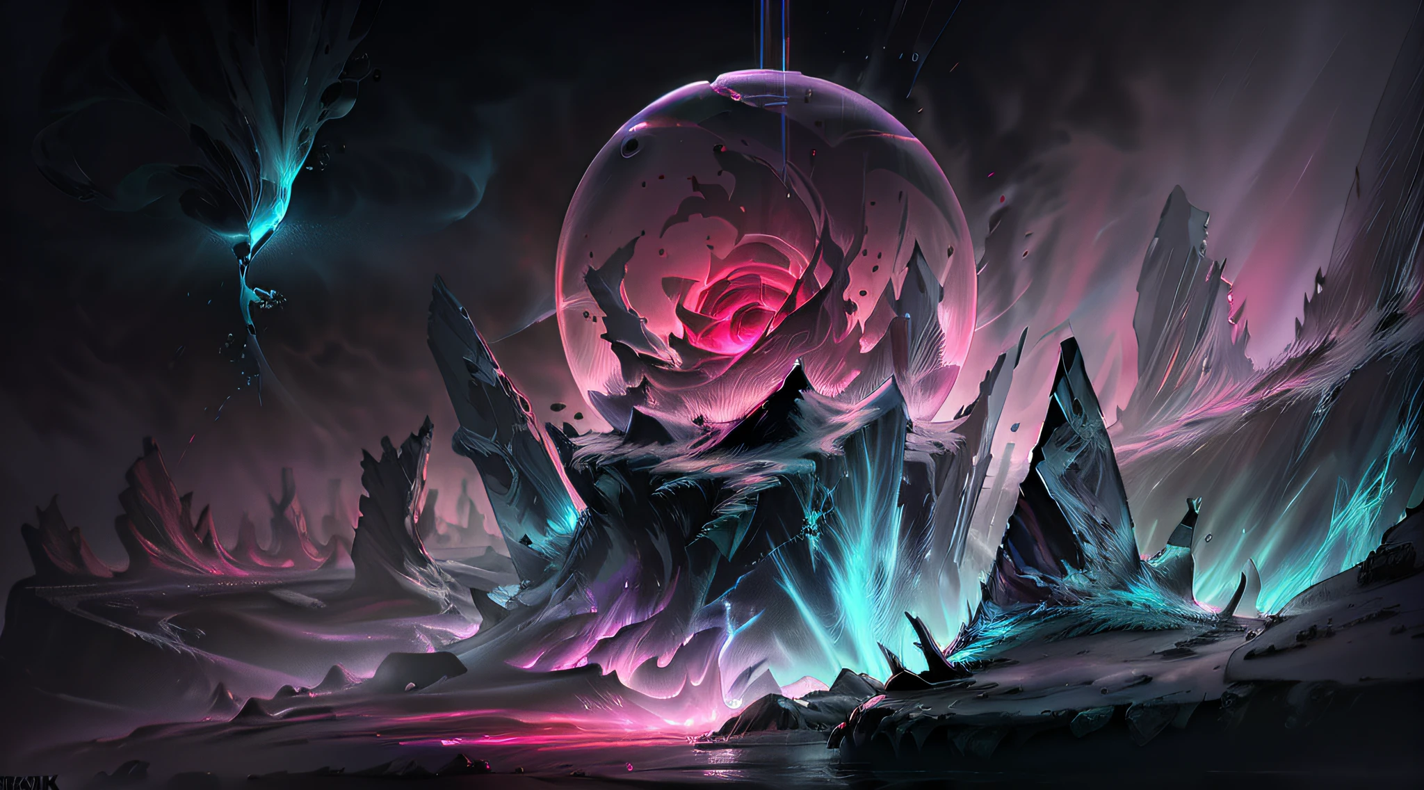 Crystal sphere with rose soul inside Anime a masterpiece, 8k resolution, dark fantasy concept art, by Greg Rutkowski, dynamic lighting, hyperdetailed, intricately detailed, Splash screen art, trending on Artstation, deep color, Unreal Engine, volumetric lighting, Alphonse Mucha, Jordan Grimmer, red and pink complementary colours