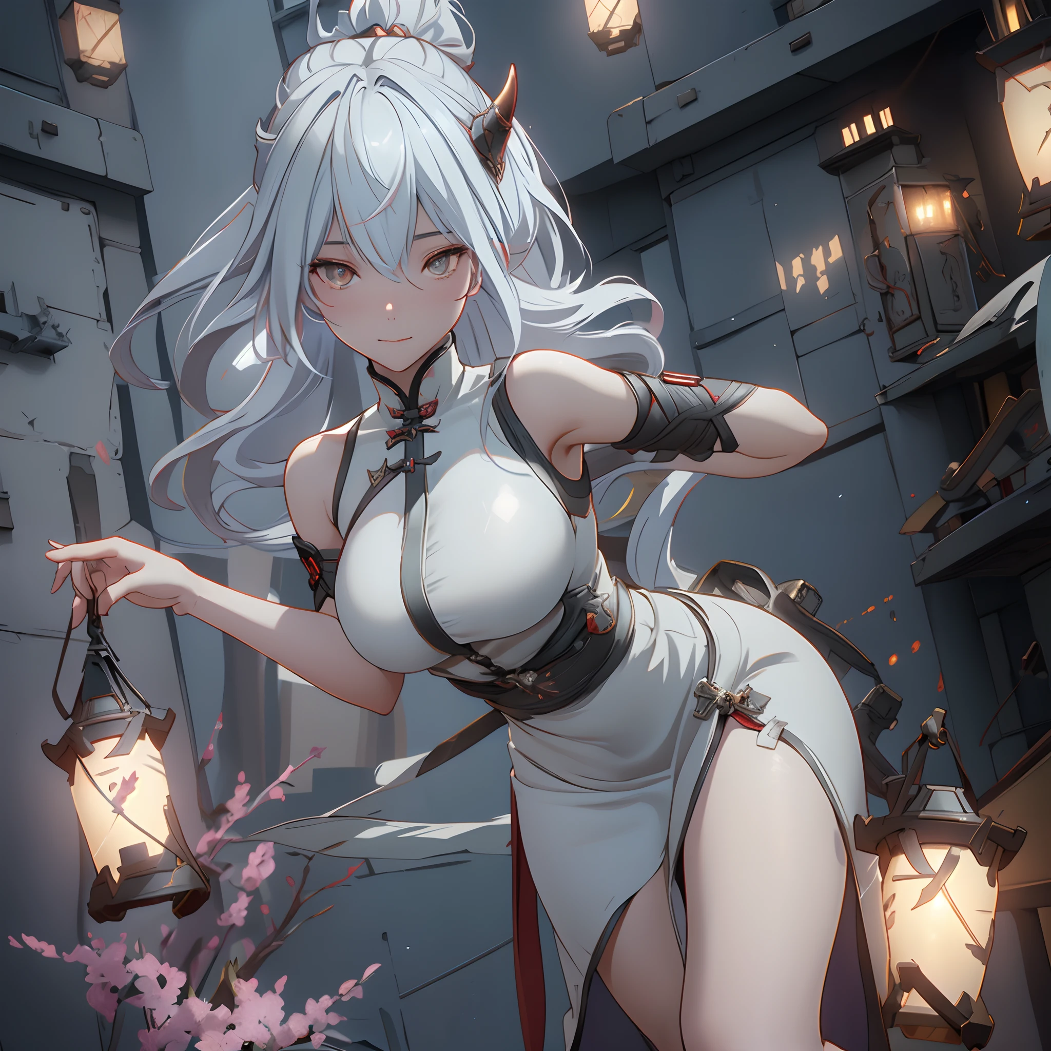 an alone girl with long red color slice gray hair , eye sleep, on the bed, inside china room style, china city , night time, High detail mature face, 2 short mechanic horn , mouth mask, bare leg, bare shoulder, white china dress, white glove, black boot, high res, ultra sharp, 8k, masterpiece, smiling, assault rifle on the girl side, fantasy world, magical radiance background ((Best quality)), ((masterpiece)), 3D, HDR (High Dynamic Range),Ray Tracing, NVIDIA RTX, Super-Resolution, Unreal 5,Subsurface scattering, PBR Texturing, Post-processing, Anisotropic Filtering, Depth-of-field, Maximum clarity and sharpness, Multi-layered textures, Albedo and Specular maps, Surface shading, Accurate simulation of light-material interaction, Perfect proportions, Octane Render, Two-tone lighting, Wide aperture, Low ISO, White balance, Rule of thirds,8K RAW, Aura, masterpiece, best quality, Mysterious expression, magical effects like sparkles or energy, flowing robes or enchanting attire, mechanic creatures or mystical background, rim lighting, side lighting, cinematic light, ultra high res, 8k uhd, film grain, best shadow, delicate, RAW, light particles, detailed skin texture, detailed cloth texture, beautiful face, (masterpiece), best quality, expressive eyes, perfect face,